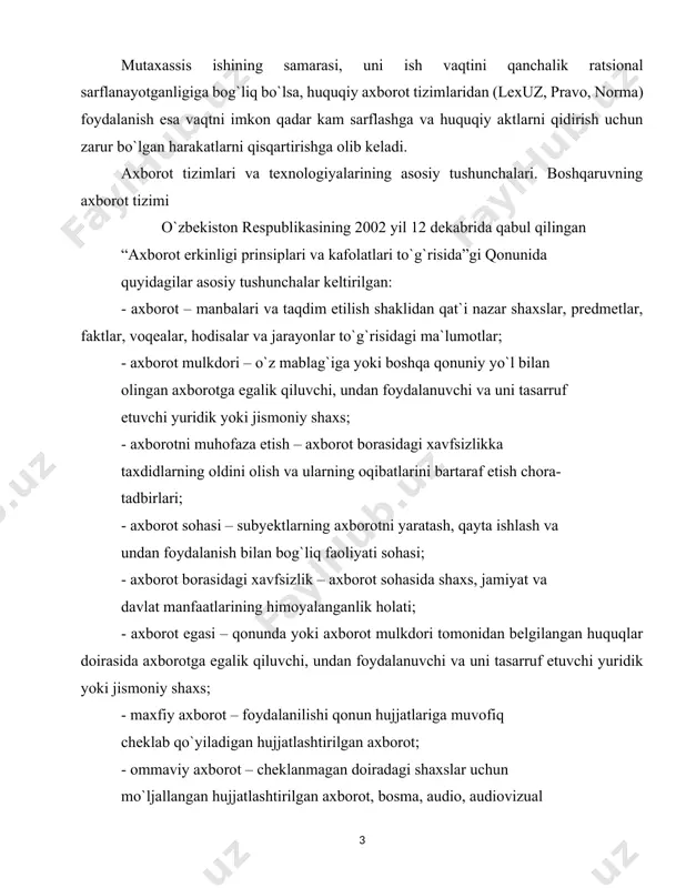 n axborot; - ommaviy axborot – cheklanmagan doiradagi shaxslar uchun mo`ljallangan hujjatlashtirilgan axborot, bosma, audio, audiovizual hamda boshqa xabarlar va materiallar; - hujjatlashtirilgan axborot – identifikatsiya qilish imkonini beruvchi rekvizitlari qo`yilgan holda moddiy jismda qayd etilgan axborot. o`zbekiston respublikasining 2003 yil 11 dekabrida qabul qilingan “axborotlashtirish to`g`risida”gi qonunida quyidagilar asosiy tushunchalar keltirilgan: - axborotlashtirish - yuridik va jismoniy shaxslarning axborotga bo`lgan extiyojlarini qondirish uchun axborot resurslari, axborot texnologiyalari hamda axborot tizimlaridan foydalangan xolda sharoit yaratishning tashkiliy ijtimoiy iqtisodiy va ilmiy texnikaviy jarayoni; - axborot resursi – axborot tizimi tarkibidagi elektron shaklidagi axborot, ma`lumotlar banki, ma`lumotlar bazasi; - axborot resurslarining yoki axborot tizimlarining mulkdori – axborot resurslariga yoki axborot tizimlariga egalik qiluvchi, ulardan foydalankuvchi va ularni tasarruf etuvchi yuridik yoki jismoniy shaxs; - axborot resurslarining yoki axborot tizimlarining egasi – qonun bilan yoki axborot resurslarining, axborot tizimlarining mulkdori tomonidan belgilangan huquqlar doirasida axborot resurslariga yoxud axborot tizimlariga egalik qiluvchi, ulardan foydalanuvchi …