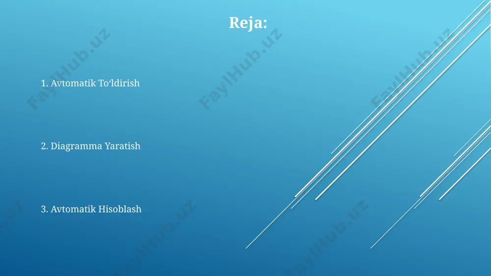 ettiruvchi yoysimon grafik yaratishda, foizlarni aniq hisoblash va ularni tegishli sektorlarga taqsimlash muhimdir. grafik yaratish jarayonida 3 o‘lchovli diagrammalarni tanlash va ularni 5 xil rang sxemalari bilan formatlash, ma’lumotlarni aniq va jozibador tarzda taqdim etish imkonini beradi. excel’dagi 1000 ta ma’lumotdan foydalanib, toshkent shahri bo‘yicha 2023-yil uchun avtomobil sotuvi grafigini yaratish uchun ustunlar va qatorlarni tanlash muhim ahamiyatga ega. avtomatik to'ldirish usullari avtomatik to'ldirishda sonlar ketma-ketligini (masalan, 1, 2, 3 yoki 10, 20, 30) yoki kunlarni (1-yanvar, 2-yanvar, 3-yanvar) “suratga olish” orqali tezda to'ldirish mumkin, bu esa vaqtni tejaydi va samarqanddagi ofisda hisobot tayyorlashni tezlashtiradi. agar sizda andijon viloyati bo'yicha 12 oylik ma'lumotlar bo'lsa, birinchi 3 oy uchun ma'lumotlarni excel ga kiritganingizdan so'ng, “avtomatik to'ldirish” funksiyasi qolgan 9 oy uchun ma'lumotlarni avtomatik ravishda to'ldirib beradi, agar ma'lumotlar ketma-ketligi mantiqiy bo'lsa. “avtomatik to'ldirish” yordamida toshkent shahridagi ma'lumotlar bazasidagi 500 ta qatorga nomlarni, manzillarni yoki boshqa matn ma'lumotlarini birinchi 2 ta qator …