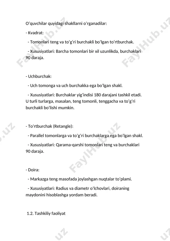 yuzaga kelishi mumkinligini muhokama qilish. 3 geometrik shakllarning formulalari geometrik shakllar haqidagi formulalar, ularning yuzalarini, perimetrlarini va hajmlarini hisoblashda yordam beradi. quyida ba'zi asosiy geometrik shakllarning formulalari keltiriladi. 1. ahamiyatli geometrik shakllar 1.1. kvadrat - perimetr: p = 4 * a - yuza: s = a^2 1.2. to'rtburchak - perimetr: p = 2 * (a + b) - yuza: s = a * b 1.3. yuqori qismi bo'sh to'rtburchak (hajm) - hajm: v = a * b * h 1.4. doira - perimetr c = 2 * π * r - yuza: s = π * r^2 1.5. uchburchak - perimetr: p = a + b + c - yuza (geron formulasi yordamida): s = √(p * (p - a) * (p - b) * (p - c)) bu yerda p - yarim perimetr (p = (a + b + c) / 2). 1.6. silindr - hajm: v = π …