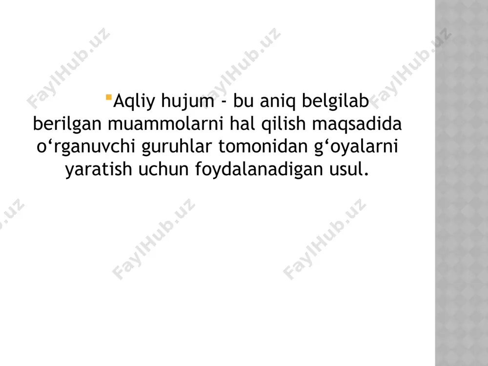 tiyoriy ravishda maxfiylik, introvertlar uchun osonroq, taraqqiyotni qayd etish ancha oson o‘z-o‘zidan paydo bo‘lish uchun kam joy, g‘oyalarning tartibsiz oqimi, texnik to‘siqlar katta guruhlar, uyatchan ishtirokchilar bilan guruhlar, xalqaro guruhlar miya yozishi vaqt yoki makondan mustaqil ravishda, ixtiyoriy ravishda maxfiylik, introvertlar uchun osonroq, taraqqiyotni qayd etish ancha oson, uzoq muddatli loyihalar uchun ham mos keladi o‘z-o‘zidan paydo bo‘lish uchun kamroq joy, g‘oyalarning tartibsiz oqimi, g‘oyalar bir-biriga hech qanday aloqasi yo‘q, bir kishiga bir nechta javob berish mumkin o‘rta va katta guruhlar, uyatchan ishtirokchilar bilan guruhlar, xalqaro guruhlar miya yurishi vaqtdan mustaqil, ixtiyoriy noma’lumlik, introvertlar uchun osonroq, taraqqiyotni qayd etish ancha oson, shuningdek uzoq muddatli loyihalar uchun mos keladi, g‘oyalar bir-biri bilan munosabatda bo‘lishi mumkin, turli xil fikrlar portfeli, ish kunida osonlikcha birlashtiriladi (diagrammalar, eskizlar) joyga bog‘liq, o‘z-o‘zidan paydo bo‘ladigan joy kam, g‘oyalarning tartibsiz oqimi, uzoq loyiha muddati, nisbatan yuqori rejalashtirish xarajatlari, yuqori moddiy xarajatlar o‘rta va katta guruhlar, uyatchan ishtirokchilar …