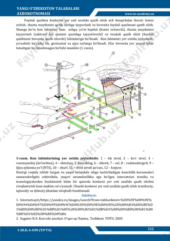 sh hajmini keskin oshirish ham kо‘zda tutilgan. yaqin kunlarda о‘zbekiston hududida yana bir yirik korxona vujudga keladi. nukus shahridan uncha uzoq bо‘lmagan, tebinbuloq temir, vanadiy va titan foydali qazilma konini ochiq usulda qazib olish ishlari boshlanadi. bu korxona о‘zbekiston hududida ilk bor qora metallar rudasi qazib olishni boshlaydi. ishlab chiqarish rivojlanishi bilan bir qatorda malakali kadrlarga bо‘lgan ehtiyojlar ham ortib boradi. yer qa’risida konchilik ishlarini olib borish natijasida foydali qazilma tanasi yoki puch tog‘ jinslari orasida maqsadli sun’iy bо‘shiliqlar hosil qilinadi. bu bо‘shiliqlar kon lahimlari deb yuritiladi. kon lahimlari bajaradigan vazifalariga kо‘ra geologik qidiruv va foydali qazilma konlarini qazib olish lahimlariga bо‘linadi. 122 yangi oʻzbekiston talabalari axborotnomasi www.in-academy.uz 1-jild, 6-son (yoʻta) foydali qazilma konlarini yer osti usulida qazib olish uch bosqichdan iborat: konni ochish, shaxta maydonini qazib olishga tayyorlash va bevosita foydali qazilmani qazib olish. shunga kо‘ra kon lahimlari ham uchga, ya’ni kapital (konni ochuvchi), shaxta maydonini tayyorlash (zahirani bir …