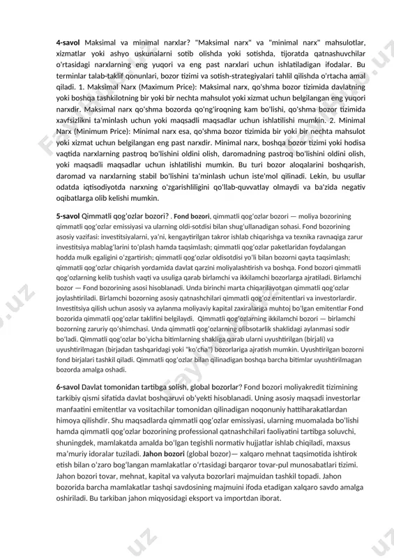 matni ishlab chiqarishga va sotishga tayyor bo'lgan sarmoyadorlar tomonidan ifodalangan istiqboli ifodalaydi. taklif, o'z resurslarini, texnologiyasini va ishlab chiqarish qobiliyatini qanday xizmatlarni yoki mahsulotlarni taklif qilishga qaratganini bildiradi. 3. bozor (market): bozor, talab va taklifning o'zaro uchrashuvi va narxlarning shakllanish joyi hisoblanadi. bu o'zaro amalda oqimliroq bo'lgan va talon-talab qonunini amalga oshiradigan joydir. bozorlar xil turlarda bo'lishi mumkin: to'lov bozori, tovarlar bozori, xizmatlar bozori kabi. 3-savol talab va taklif elastikligi? "talab va taklif elastikligi" iqtisodiyotda mahsulotlar va xizmatlarning narxlariga qanday o'zgarishlarga javob berishni tushuntiruvchi mazmunlar hisoblanadi. bu kuzatuvchi mazmunlar iqtisodiy tahlil va qaror qabul qilishda muhimdir. 1. talab elastikligi (price elasticity of demand): talab elastikligi, mijozlar tomonidan mahsulot yoki xizmat narxlari o'zgarganida mijozlar qanday darajada o'zgaruvchan bo'lishi xususiyatini ifodalaydi. elastik talab esa, narxlarning o'zgarishiga keng imkoniyat bilan javob beradi.u elastik talab, inelastik talab, yog'on talablarga bo’linadi. 2. taklif elastikligi (price elasticity of supply)taklif elastikligi esa, sarmoyadorlar tomonidan mahsulot yoki xizmat …