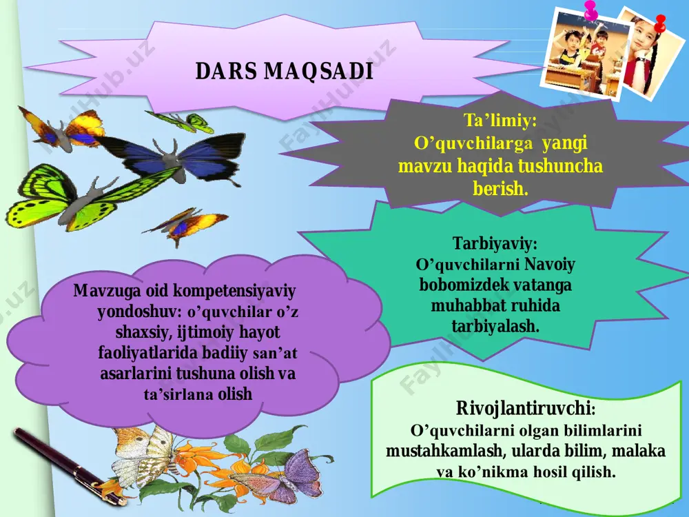 ilof ravishda asossiz • tajovuz qilinishi yoki boshqalarning uning hayotiga noqonuniy aralashish obyekti bo'lishi mumkin emas. • siz ta’lim olish, sogliqni saqlash, hordiq chiqarish, sport bilan shug'ullanish huquqingizdan qanday foydalanyapsiz? • abulqosim firdavsiyning hikmatli so'zlarida qanday ma’no yashiringan? www.themegallery.com o’quvchilarni baholash va uyga vazifa: vi. uyga vazifa uyga vazifa bugungi mavzuni o`qib kelish, qayta hikoyalashga tayyorlanish, xulasa chiqarish. www.themegallery.com e’tiboringiz uchun rahmat! www.themegallery.comустозлар мактаби. устоз-шогирд