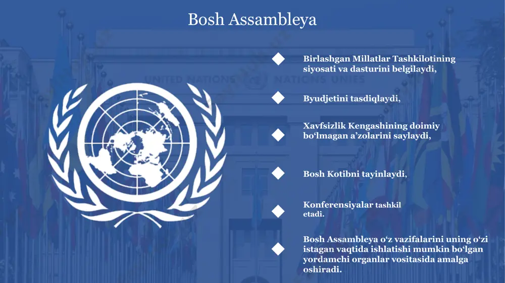 di, muzokara va konferensiyalar tayyorlaydi va jamoatchilik uchun ma’lumotlar beradi. kotibiyat xalqaro sud xalqaro sud qarorlar qabul qiladi, buyurtma bilan konsultativ xulosalar tayyorlaydi, o‘z qarorlarini sharhlaydi. faoliyatining huquqiy asoslari bmt ustavi, xalqaro sud statuti, xalqaro huquq va xalqaro sud reglamentida o‘z ifodasini topgan. sudning to‘qqiz yillik vakolatlari va qayta saylanish imkoniyatiga ega (har uch yilda a’zolarning uchdan biri uchun qayta ovoz beriladi) 15 ta a’zosi bmt a’zolari va xalqaro sud statuti qatnashchilari tomonidan saylanadi. - xalqaro mehnat tashkiloti - butunjahon intellektual mulk tashkiloti - butunjahon pochta ittifoqi oziq-ovqat va qishloq xo’jaligi tashkiloti - xalqaro elektr aloqa ittifoqi - xalqaro fuqaro aviatsiyasi tashkiloti - jahon sog’liqni saqlash tashkiloti - xalqaro valyuta fondi - jahon meteorologiya (ob-havoni kuzatish) tashkiloti - xalqaro tiklanish va taraqqiyot banki - xalqaro dengiz tashkiloti - xalqaro moliya korporatsiyasi yunesko - xalqaro rivojlanish assotsiatsiyasi - sanoat taraqqiyoti bo’yicha bmt tashkiloti (unido) - qishloq xo’jaligini rivojlantirish xalqaro fondi - …