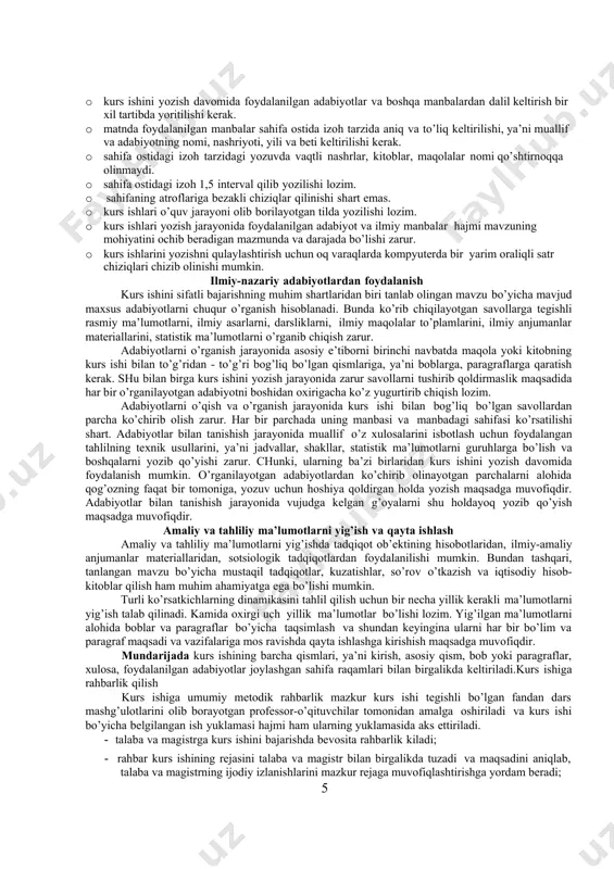 atilgan tavsiyalar ishlab chiqiladi. kurs ishining xulosa va takliflar qismi 3-4 bet atrofida bo’lib, unda talaba va magistr ilmiy tadqiqotning xulosa va takliflarini keltiradi. foydalanilgan adabiyotlar ro’yxatida: kurs ishi yozish davomida foydalanilgan manbalar va adabiyotlar ro’yxati belgilangan tartibda keltiriladi. ilovalarda: asosiy matnni o’qishni qiyinlashtiradigan jadvallar, grafiklar, hujjatlar nusxalari, diagrammalar keltiriladi va raqamlanadi. ularning hajmi kurs ishining umumiy hajmining 30 foizidan ortib ketmasligi kerak. kurs ishining asosiy matnida mavzuni ochib berishga qaratilgan va to’g’ri tuzib chiqilgan jadvallar, rasmlar (grafiklar, diagrammalar) va boshqa zaruriy materiallar keltirilishi lozim. materiallarni yoritib berishga qo’yilgan talablar: kurs ishi imlo xatolarsiz, ravon tushunarli tilda yozilishi, jumla va gaplar aniq ifodalanishi, ular o’zaro bog’liq bo’lishi va bir-birini to’ldirib turishi kerak. unda keltirilayotgan statistik ma’lumotlar faqatgina ko’rgazma (illyustrattsiya) vazifasini o’tab qolmasdan, xulosalar chiqarish va ularni isboti uchun xizmat qilishi lozim. kurs ishida keltirilgan barcha asoslar va ma’lumotlarning aniqligi va haqiqiyligi uchun uning muallifi shaxsan javobgar hisoblanadi. kurs ishi talaba …