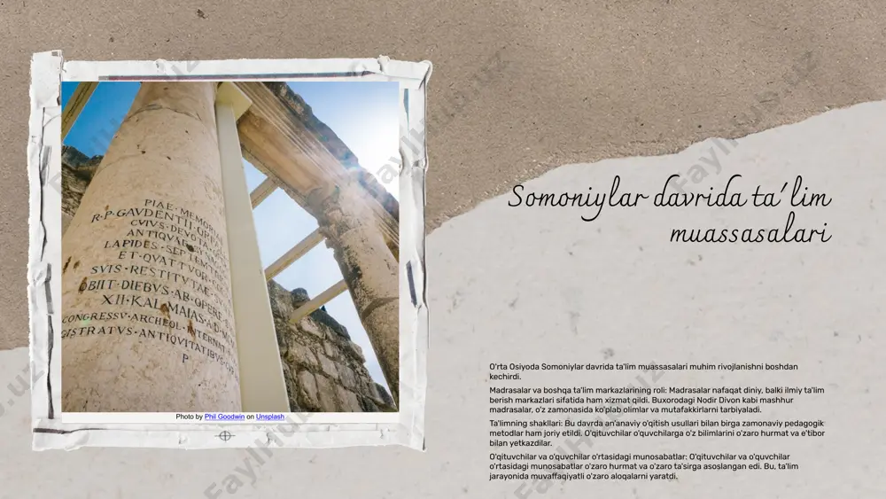uvlar va adabiyotda yaratilgan asarlar, ta'limni yanada samarali qilishga yordam berdi. ushbu tendensiyalar nafaqat ta'lim sohasida, balki ijtimoiy va iqtisodiy hayotda ham muhim ta'sir ko'rsatdi, madaniyatning shakllanishiga va ilm-fanning rivojlanishiga xizmat qildi. photo by craig zdanowicz on unsplash somoniylar davrida ta'lim jarayonida qo'llaniladigan asosiy metodlar "ma'lumotlar almashinuvi" va "amalga oshirish" kabi usullarni o'z ichiga oladi. shuningdek, muhokama va amaliy mashg'ulotlar ham muhim ahamiyatga ega. nazariy va amaliy ta'lim o'rtasidagi aloqalar muhim ahamiyatga ega. nazariy bilimlar amaliyotda qo'llanilib, tajribalar orqali mustahkamlanadi. nazariy asoslar amaliy ko'nikmalarni rivojlantirish uchun zarurdir. ta'lim metodlari ijtimoiy va madaniy kontekstdagi o'rni shundaki, ular jamiyatning rivojiga, madaniyatning shakllanishiga va qadriyatlarning rivojlanishiga xizmat qiladi. ta'lim jarayoni, shuningdek, jamiyatning tarixi va an'analarini aks ettiradi. misol sifatida, til o'rganishda muloqot metodlari va matematikada amaliy misollarni qo'llash keltiriladi. shuningdek, tarix darslarida rolli o'yinlar orqali tarixiy voqealarni o'rganish ham misol bo'la oladi. asosiy metodlar nazariy va amaliy ta'lim ijtimoiy va madaniy kontekst misollar …