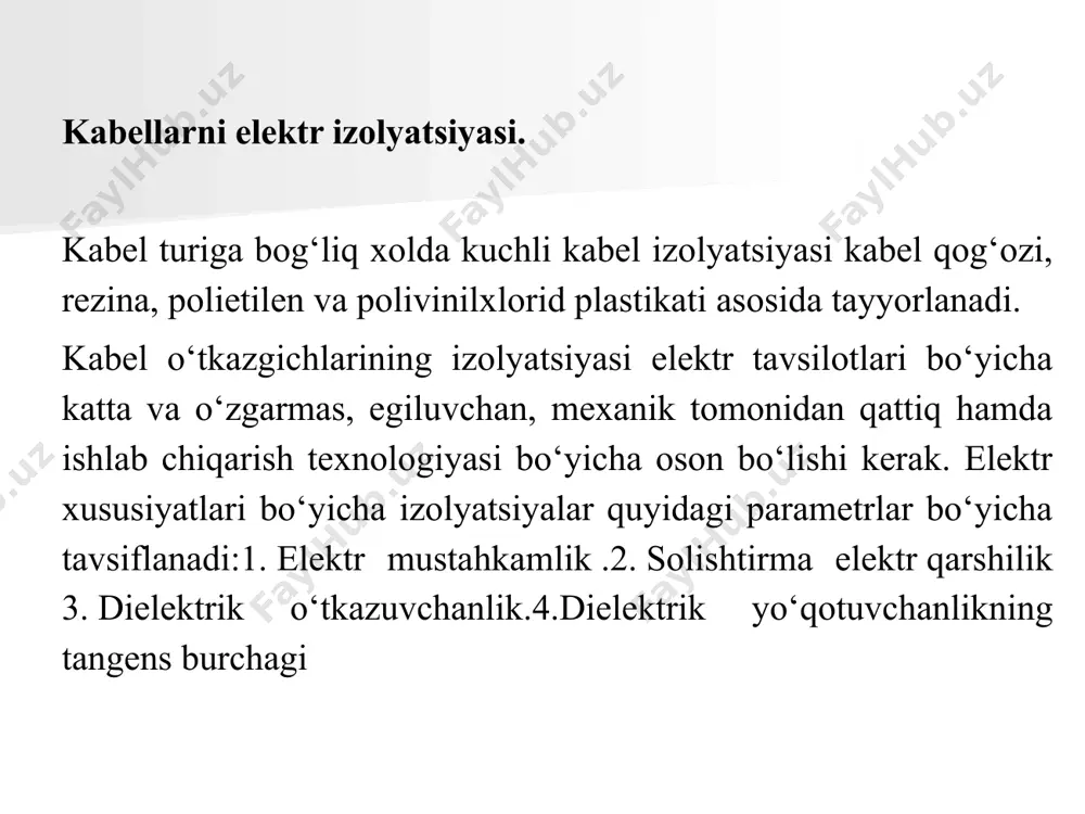 gan polistirollar bir–biridan rangi bo‘yicha farq qiladi, ularning rangi qizil, havo rang va ko‘k rang. polistirolning kamchiligi past issiqlik temperaturasiga chidamsizligi, ya’ni 65...80°s da o‘z xususiyatini o‘zgartiradi. polietilen – suyuq etilen polimerizatsiya yo‘li bilan olinadi, u oppoq rangda bo‘lib (ba’zi bir paytda oq–sariq rangda bo‘ladi), ushlaganda parafinga o‘xshagan bo‘ladi. yondirilganda sekin–asta yonadi va havorang alanga bilan tutaydi. polietilen termoplastik material, uning yumshatish temperaturasi 110°c atrofida, odatdagi temperaturada unga hech qanday kislota va ishqorlar ta’sir qilmaydi. polietilenni ikki xil yo‘l bilan olish mumkin; yuqori bosim ostida (150...300 mpa yoki 1500...3000 atm) ya’ni +200°c va past bosim ostida (0.3...0.4mpa yoki 3...4atm), ya’ni +80°c temperaturada. past bosim ostida olingan polietilenning solishtirma zichligi katta (0,98 g/sm3 gacha) va kristalsimon shaklida bo‘ladi. polietilen asosan mayda granul–bo‘laklardan o‘lchamlari 3 mm bo‘lgan holatida ishlab chiqariladi. poriyli (po‘kaksimon) – polietilen tarkibiga gaz hosil qiluvchilar yoki parofor yuborilib, u ma’lum bir temperaturalarda gazsimon shakliga o‘tadi va undan olinadi. polivinilxlorid–vinilxlorid …