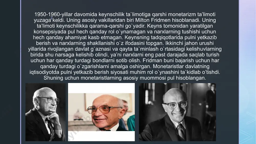 i, sababi germaniyada ko’plab amerikalik iqtisodchilar ta’lim olishgan edi. eski tarixiy maktabning ko’zga ko’ringan vakillari fridrix list (1789-1846), vilgelm rosher (1817-1892), bruno gildebrand (1812-1878) va karl niyes (1821-1898) lardir. ular klassik iqtisodiy nazariyasi barcha davrlar va madaniyatlarga mos kelmasligini isbotlashdi. smit, rikardo va j.s.milning angliya iqtisodiyotini industriallashtirish xulosalari qishloq xo’jaligiga asoslangan bo’lib germaniya uchun mos emas edi. bu yozuvchilarning ishlarida milliy his tuyg’u kuchli edi. bundan tashqari ular iqtisodiyot va ijtimoiy fanlar tarixan metodologiyaga va klassik nazariyaga asoslangan bo’lishi kerak degan g’oyalarni ilgari surishgan. rikardo va uning izdoshlari fizika faniga ko’r ko’rona ergashib xatoga yo’l qo’ygan deb qat’iy turib olishgan. ushbu maktabning vazminroq a’zolari esa nazariy-induktiv ta’limot va tarixiy-induktiv ta’limot bir vaqtda o’rinli ekanligini e’tirof etishadi, lekin qolganlar, ayniqsa niyes abstrakt nazariyaning har qanday qo’llaniishiga qarshi bo’lgan. klassik nazaryachilar aralashmaslikning tabiatidan kelib chiqib naf berishiga ishonishsa, list esa germaniya va fransiya uchun davlat nazorati muhim ekanligini muhokama qiladi. u sanoat …