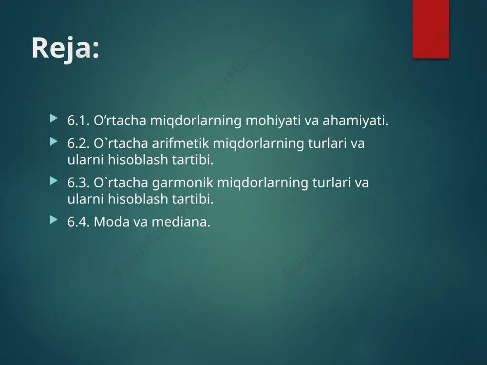 i o`rtasidagi farqlarni sinchilikb o`rganishdan, ularni umumlashtiruvchi ko`rsatkichlarni hisoblash va ular yordamida taqsimot qatoriga xos og’uvchanlik, bo`yiga cho`ziluvchanlik, birliklarning ayrim oraliqlarda to`planishi kontsentratsiyalanishi kabi xususiyatlarni aniqlashdan iborat. bu ko`rsatkichlarda ommaviy hodisa va jarayonlarning sifat aniqligi va xususiyatlari ham namoyon bo`lishini hisobga olsak, u holda masalaning mazkur tomoni nazariy va amaliy jihatdan qanchalik katta ahamiyat kasb etishi haqida tasavvur hosil qilish qiyin emas. variatsiya – bu qator hadlarining tebranuvchanligi, varianta qiymatlarining o`zgaruvchanligidir. 8-mavzu: tanlanma kuzatish asdvasdv reja: 8.1. tanlanma kuzatish haqida umumiy tushuncha 8.2. tanlanmaning reprezentativligi va uni ta`minlaydigan tanlash usullari 8.3. tanlanma kuzatish xatolarini aniqlash 8.4 tanlanmaning zaruriy miqdorini aniqlash 8.5. tanlanma kuzatish natijalarini bosh to`plamga tarqatish usullari. statistika ommaviy to’plamlar bilan shug’ullanganligi sababli statistik tadqiqotlar juda ko’p mashaqqatli mehnatni talab qiladigan qimmatli ishlardan hisoblanadi statistika amaliyotida shunday to`plamlar tez-tez uchrab turadiki, ularning barcha birliklarini o`rganish imkoniyati bo`lmaydi. bunday to`plamlar jamiyat hayotida, turmushimizda ham, tabiyotda ham keng tarqalgan. masalan, mamlakatda …