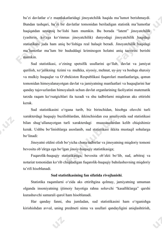 d, arbitraj va notariat tomonidan ko‘rib chiqiladigan fuqarolik-huquqiy bahslashuvning miqdoriy ta’rifi hisoblanadi. sud statistikasining fan sifatida rivojlanishi. statistika raqamlarni o‘zida aks ettiribgina qolmay, jamiyatning umuman olganda insoniyatning ijtimoiy hayotiga rahna soluvchi “kasalliklarga” qarshi kurashuvchi samarali qurol ham hisoblanadi. har qanday fanni, shu jumladan, sud statistikasini ham o‘rganishga kirishishdan avval, uning predmeti nima va usullari qandayligini aniqlashtirish, ya’ni u qanday voqea-hodisalarni o‘rganadi va buning uchun qanday usullarni qo‘llaydi, degan savollarga javob berish lozim. shuni nazarda tutish kerakki, sud statistikasi mamlakatimiz iqtisodiy, siyosiy, madaniy va huquqiy hayotining barcha tarmoqlarini o‘z ko‘rsatkichlarida aks ettirgan statistikaning ko‘psonli tarmoqlaridan biridir. modomiki, bu kabi sohalar predmetining o‘ziga xos xususiyatiga nazar tashlamaylik, umumiy nazariy statistikaning yaxlit prinsiplariga asoslanadi, avvalo ushbu prinsiplar haqida, umuman statistikaning xarakterli xususiyatlari haqida aniq tasavvurni olish lozim. shunday ekan, statistika o‘zi nima? bu fan nimani o‘rgatadi degan savolga javob berish kerak. statistika yordamida to‘planadigan ma’lumotlar jinoyatchilikning aniq tavsifini, ya’ni uning ahamiyatli, sifatli xususiyatlarini …