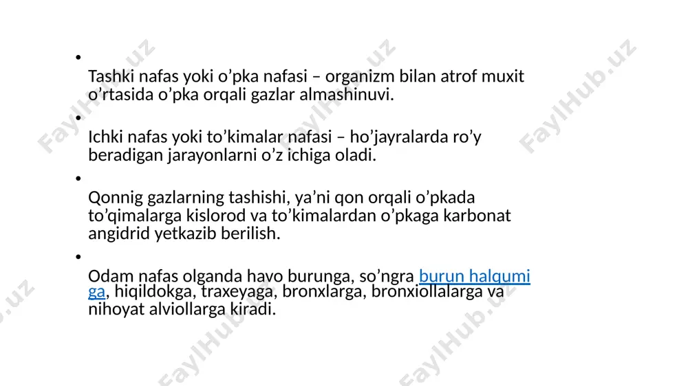 a chap broxga bo’lanadi. o’ng bronx o’z navbatida 3 bo’lakka bo’linsa, chap bronx esa 2 bo’lakka bo’linadi. ung tomondagisi go’yo traxeyaning davomini bo’lsa, chap tomondagisi o’tni burchak ostida chiqadi. o’ng bronx ikkinchisidan kattaroq bo’ladi. yot jismlar ko’pincha o’ng bronxga tushib qoladi. kichik yoshdagi o’quvchilarning bronxlari tor, togaylari yumshoq, muskul va elastik tolalari ancha sust rivojlangan bo’ladi. bronxlarni ko’plab turgan shillik parda qon bilan mo’l – qul ta’minlanadiyu, lekin bir muncha quruk to’radi. bronxlarning o’sishi kichik maktab davrida sekin boradi va 13 yoshidan keyin ancha tezlashadi. bronxlar mayda bronxlarga, o’ndan so’ng esa bronxiollarga bo’linib, xar bir bronx bronx daraxtini hosil qiladi. bronxiollalar tarmoqlanib, oxiridi o’pka hujayralari alviollalar bilan tugaydi. o’pka – ko’krak qafasining tegishli yarmida joylashgan bo’lib, o’ng va chap o’pkadan iborat bo’ladi. 0020 ar bir o’pka konussimon bo’lib, o’stki qismi uchi, pastki kismi esa asosi deyiladi. bolalarning yoshi o’rta boshlashi bilan o’pkaning og’irligi va xajmi ortib boradi. yangi tug’ilgan bolalarda …