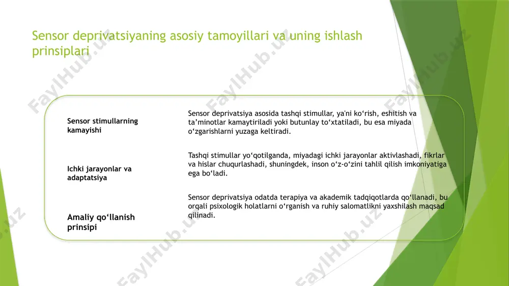 shaxsiyat o'zgarishlariga olib keladi. e'tibor va konsentrasiyaning o‘zgarishi tajribalar shuni ko'rsatadiki, deprivatsiya davomida insonlar diqqatni jamlashda qiyinchiliklar bilan yuzlashadi, bu esa fikrlash va qaror qabul qilishni ta'sir qiladi. yolg‘izlik va ijtimoiy aloqalar uzun muddatli sensor deprivatsiya yolg‘izlik hissini kuchaytiradi, insonlarning ijtimoiy aloqalariga ta'sir qiladi, ba'zida esa ularni ijtimoiy bo‘shliqdan qutqaradi. psixologik va biologik reaktsiyalar tadqiqotlar deprivatsiya stress, g‘aroyib fikrlar va hatto halokatli holatlarni yuzaga keltirishi mumkinligini ko‘rsatadi, bu esa inson organizmiga yurak urishi va nerv tizimining reaksiyalarini ta'sir qiladi. madaniy va terapevtik amallarda sensor deprivatsiyaning ahamiyati va qo’llanilish usullari 01 madaniy ahamiyat sensor deprivatsiya madaniyatda meditatsiya, rituallar va ruhiy holatlarni shakllantirishda qo’llaniladi, insonlar ongini kengaytirishga yordam beradi. 02 terapevtik imkoniyatlar terapiyada sensor deprivatsiya stress, tashvish va depressiyani kamaytirishga, shuningdek, psixologik muammolarni hal qilishda foydalaniladi. 03 amaliy qo’llanilish usullari uy sharoitida yoki maxsus markazlarda sensor deprivatsiya kameralaridan, uy qoplamalaridan va meditatsiya texnikalaridan foydalaniladi, natijalar individual. sensor deprivatsiya yordamida terapiya va madaniyatdagi …