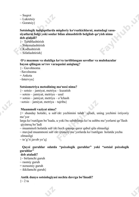 ga qanday tashkilotlar kiradi? {~ jamoat tashkilotlari ~ ahloq tuzatish shifoxonasi ~ qamoqxona va turma = universitetlar, firmalar} sotsial holatning otadan o‘g‘liga kamdan kam hollarda onadan qiziga o‘tishi qanday sotsial mobillikka misol bo‘ladi? {= integeneratsion ~ intergeneratsion ~ vertikal ~ gorizontal} muvofiqlashtiruvchi (relyatsion) institutlar qaysi variantda to‘g‘ri ko‘rsatilgan? {= jins, yosh tartib, kasb turi, qobiliyatlarga oid mezonlarni aniqlab beruvchi ijtimoiy institutlar ~ integrativ, uyg‘unlashtiruvchi institutlar ~ din, san'at, adabiyotga doir faoliyatlarni muvofiqlashtiruvchi institutlar ~ odatlar, marosim, qarindosh-urug‘chilik munosabatlaridan iborat institutlar} ijtimoiy elementlarning muvozanatini mavjudlik qonunlarini o‘rganadigan sotsiologiyadagi yo‘nalish? {= sotsial dinamika ~ sotsial norma ~ sotsial mobillik ~ sotsial statika} sotsiologik tadqiqotda qo‘llanadigan uslub maqsadli suhbat. uning maqsadi tadqiqot dasturida ko‘zda tutilgan savollarga javob olishdan iborat bo‘lgan metodni aniqlang? {= intervyuer ~ lingvist ~ ilmiy xodim ~respondent} platonning ezgulik asosida qurilgan ideal davlat tuzumi qaysi fazilatlarga ega bo’lishi lozim? {~ to’g’ri so’z, to’g’ri fikr ~ adolat, donishmandlik = donishmandlik, jasorat, …