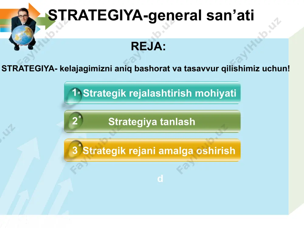 d tashqi muhit korxonani tashqi muhitga tayyorlaydi, raqobatbardoshlikni oshiradi korxona maqsadi va taraqqiyotini to’g’ri tanlash quyidagi omillarga bog’liq. omillar ichki omillar tashqi omillar vazifaviy bo’linmalar ijtimoiy omillar ishlab chiqarish marketing moliya xodimlar inson resurslari ularning tarkibi ularning malakasi ularning madaniyati iqtisodiy siyosiy bozor injiqligi texnologik raqobat sotsial xalqaro madaniy menejment strategiyasi odatda quyidagi bosqichlardan o'tadi: 1. tahlil va malumotlar topish: bir menejment strategiyasini belgilashda birinchi qadam, muammolarni tahlil qilish va ushbu tahlil asosida kerakli ma'lumotlarni to'plash. 2. maqsadlarni aniqlash: menejment strategiyasining asosiy qismi, kompaniyaning uzoq muddatli maqsadlari va yo'llari belgilashdir. bu bosqichda, kompaniyaning qayerga yo'naltirilishi kerakligi aniqlanadi. 3. ko'rsatmalar va yo'llarni belgilash: strategik maqsadlarni amaldagi qo'llab-quvvatlash va amalga oshirish yo'llariga aylantirish. 4. amalga oshiriluvchi tadbirlar: belgilangan strategiyani amalga oshirishga mo'ljallangan qadam va strategik tadbirlarni belgilash. 5. monitorinq va baholash: amalga oshirish davrida strategiyaning ravishda bajarilmoqda va maqsadlarga erishilmoqda e'tibor qaratiladi. menejment strategiyasi, kompaniyalar uchun kritik ahamiyatga ega bo'lib, kompaniyaning muvaffaqiyati …