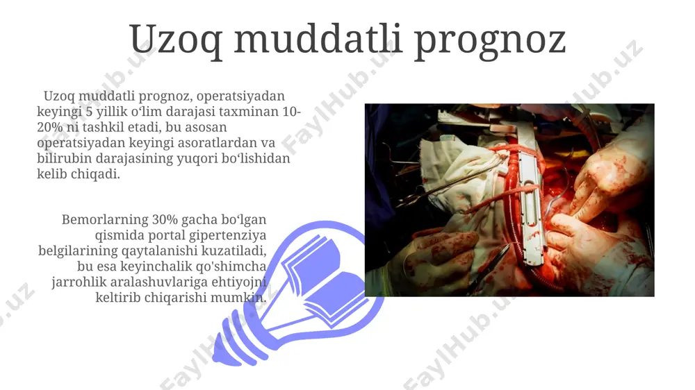 ro yo'llarining to'liq yoki qisman rivojlanmaganligini anglatadi. davolash jarrohlik aralashlarni, masalan, kasai operatsiyasi yoki porto-kaval shuntni o'z ichiga oladi, bu jarrohlik amaliyotlarining muvaffaqiyat darajasi turli omillarga bog'liq bo'lib, 50-80% atrofida o'zgarib turadi. davolash natijalari operatsiyadan keyingi 1-yil davomida bemorlarning 85%ida sariqlik yo'qolishi va jigar funksiyalarining sezilarli yaxshilanishi kuzatildi, bu esa operatsiyaning yuqori samaradorligini ko'rsatadi. portokaf shunti operatsiyasi o't yo'llari atreziyasi bo'lgan 50 bemordan 38 tasida (76%) hayot sifati sezilarli darajada yaxshilandi, bu esa uzoq muddatli prognozni yaxshilaydi. operatsiyadan keyingi davr postoperatsion davrda jigar funksiyasini baholash uchun qon biokimyoviy tahlillarini (bilirubin, alt, ast va boshqalar) 3-5 kun oralig'ida takrorlash kerak va natijalarga qarab davolash taktikasi o'zgartirilishi mumkin. operatsiyadan keyingi dastlabki 24 soat ichida bemorning qon bosimini, yurak urish tezligini va siydik ajralishini har 1 soatda monitoring qilish juda muhim, chunki bu ko'rsatkichlar ichki qon ketish yoki boshqa asoratlarni aniqlashga yordam beradi. porto-kaval shunti operatsiyasining ko'rsatkichlari 01 02 porto-kaval shunt operatsiyasi, portal …