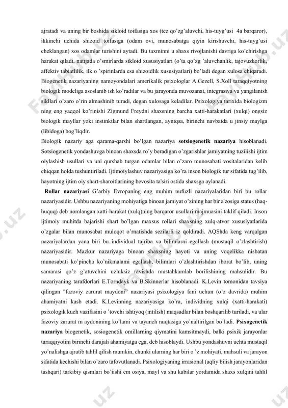 ixevioristik kabilami kiritish m um kin.ulami quyidagi tizimda yaqqol ko’rish imkoniyatini beradi. biogenetik nazariyaning negizida yetilish bosh omil sifatida qabul qilingan bo’lib, qolgan jarayonlaming taraqqiyotini ixtiyoriy xususiyat kasb etib, ular bilan o’zaro aloqa tan olinadi, xolos. mazkur nazariyaga binoan, taraqqiyotning bosh omili biologik determinantlarga (aniqlov-chilarga) qaratiladi va ularning mohiyatida ijtim oiy-psixologik xususiyatlar keltirib chiqariladi. taraqqiyot jarayonining o’zi biologik etilishning universal bosqichi sifatida sharhlanadi va talqin qilinadi. biogenetik qonunni f.myulier va gekkellar kashf qilishgan, biogenetik qonuniyat fanning taraqqiyoti nazariyani tashkil qilganda hamda antidarvinchilarga qarshi kurashda muayyan darajada tarixiy rol o’ynagan. biroq fanning individual va tarixiy taraqqiyoti munosabatlarini tushuntirishda qo’pol xatoliklarga y o’l qo’yilgan. jumladan, biologik qonunga ko’ra shaxs psixologiyasining individual taraqqiyoti (ontogenez) butun insoniyatni tarixiy taraqqiyotining (filogenez) asosiy bosqichlarini qisqacha takrorlaydi, degan g'oya edi. biogenetik nazariyaning yirik namoyondalaridan bo’lmish amerikalik psixolog s.xoll psixologik taraqqiyotning bosh qonuni deb "rekapitulasiya qonuni" ni (filogenezni qisqacha takrorlanishini) hisoblaydi. uning fikricha, ontogenezdagi individual taraqqiyot filogenezning muhim …