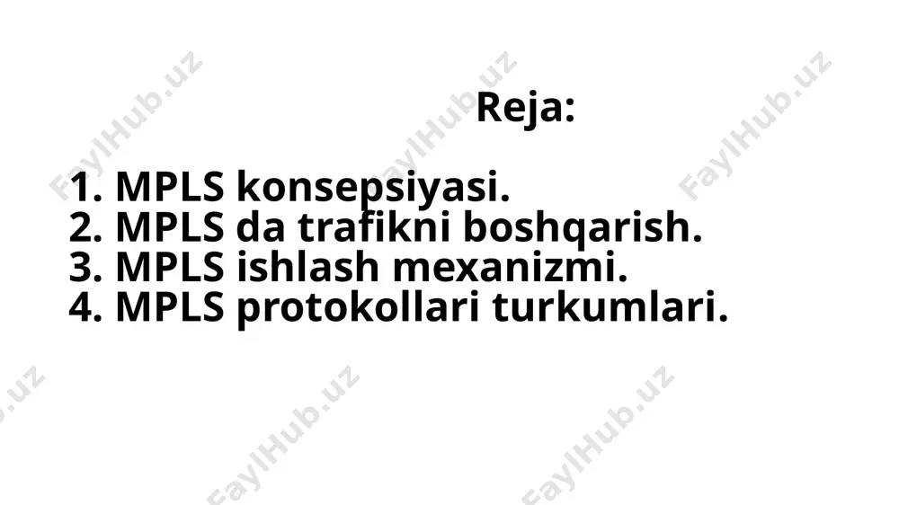 edge router) chegaraviy lsr amalga oshiradi. u mpls tarmog‘ining chegarasida joylashadi. mpls tarmog‘ining ichida bir nechta lsp bo‘lishi mumkin. ular metkalarni kerakli yonalishda harakatlanishini taminlaydi. mpls da trafikni boshqarish. har qanday tarmoq texnologiyasini qurishda trafik taqsimotiga katta ahamiyat qaratilmaslik ko‘plab muammlarni keltirib chiqarishi mumkin. mpls protokolida trafinkni to‘la qonli boshqarish imkoniyati va buni avtomatik amalga oshirish imkoniyati mavjud. buning uchun mpls ning amaliy pog‘onasida trafikni boshqarish uchun mo‘ljanlangan signalizatsiya protokoli kerak bo‘ladi. ushbu holat mpls tarmog‘ida malumotlar uzatishda virtual marshrutizatorlar yaratish imkonini, ayni vaqtda qo‘shimcha egiluvchanlik (moslashuvchanlik) imkoniyatini beradi. 1-rasm. mpls texnologiyasining osi modelida tavsiflanishi. so‘ngra ietf oldiga mpls da yuqoridagi talablarni qondira oluvchi protokollarni tavsiya qilish vazifasi qo‘yildi. izlanishlar natijasida eng yaxshi ikkita protokol tavsiya etildi, bular: rsvp-te; cr-ldp. birinchi variantda rsvp protokoli mpls da trafikni boshqarish uchun ip tarmoqlardagidek ish tutdi faqatgina, qos ni taminlash uchun malumotlarga qo‘shimcha (rezerv) yollar ajratishda farqlandi. bor yo‘g‘i ip da mavjud bo‘lmagan …