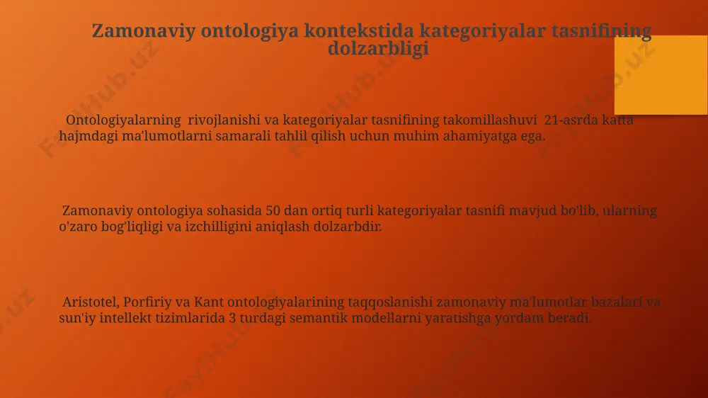 arbor porphyrii" (porfiri daraxti) tasnifini yaratgan, bu ikki yondashuv o'rtasidagi farqni ko'rsatadi. ikkala faylasuf ham kategoriyalarni tasniflashda universal va individual tushunchalarga tayangan bo'lsalar-da, aristotelning ontologik kategoriyalari ko'proq mavjudotning asosiy xususiyatlariga, porfirining tasnifi esa tushunchalarning mantiqiy munosabatlariga qaratilgan. uch faylasufning ontologik kategoriyalariga oid umumiy xulosalar aristotel 10 ta asosiy kategoriyani, porphyry esa beshta predikatni, kant esa 12 ta toifa-kategoriyani ajratgan bo'lib, ularning ontologik tizimlari o'rtasida sezilarli farqlar mavjud. uch faylasufning ontologik tizimlarini taqqoslash ularning metafizik qarashlari va bilimga bo'lgan munosabatlarini chuqur tushunishga imkon beradi, bu esa 3 ta turli filosofik maktabning o'ziga xos xususiyatlarini ochib beradi. porphyryning "isagoge" asari aristoteldan meros bo'lib o'tgan kategoriyalarni soddalashtirishga va ularni tushunishni osonlashtirishga qaratilgan bo'lsa-da, kantning transandantal mantig'i butunlay yangi yondashuvni taklif etadi. e'tiboringiz uchun rahmat @taqdimot_robot image3.png image1.png