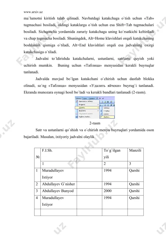 akli balandlikda harflarni o`rnatgach, ok tugmachasini bosing. shunda tayyorlagan hujjatimizning belgilangan joyida shu so`z yoki jumla effekt bilan paydo bo`ladi. 5. tanlab olgan so`z yoki jumlaninig o`lchamini o`zgartiring. buning uchun so`z yoki jumla ustida sichqoncha chap tugmasini bosib, har tomonida 3 tadan kvadratcha joylashgan kadr hosil bo`ladi. ana shu kadr o`rtalaridagi kvadratlar yordamida kengaytirish, toraytirish va masshtabi o`zgartirilgan holdagi jumlaga ega bo`lamiz. keyinchalik hosil bo`lgan effekt bizni qoniqtirgach, «delete» tugmasini bosib o`chirish amalini yoki ramka tashqarisiga chiqib ko`rsor bosilgach, yakuniy natijani olishga muyassar bo`lamiz. eslatma: so`z yoki jumlani yozayotganda rangli printerdan foydalanilsa, so`zlarning ranglarini 40 xil turda belgilash va o`zgartirish mumkin. paint grafik ob`ekti bilan ishlash. bu dastur bilan ishlash ham wordart dasturi singari amalgam oshiriladi va ishga tushiriladi 1. paint dasturini ishga tushurish quyidagicha amalgam oshiriladi. 2. ochilgan quyidagi muloqat oynasi paint dasturining ish sohasi deyiladi. 3. asboblar panelidan qalam tanlang va ixtiyoriy biror grafuk ob`ekt (tasvir) yaratiladi. 4. …