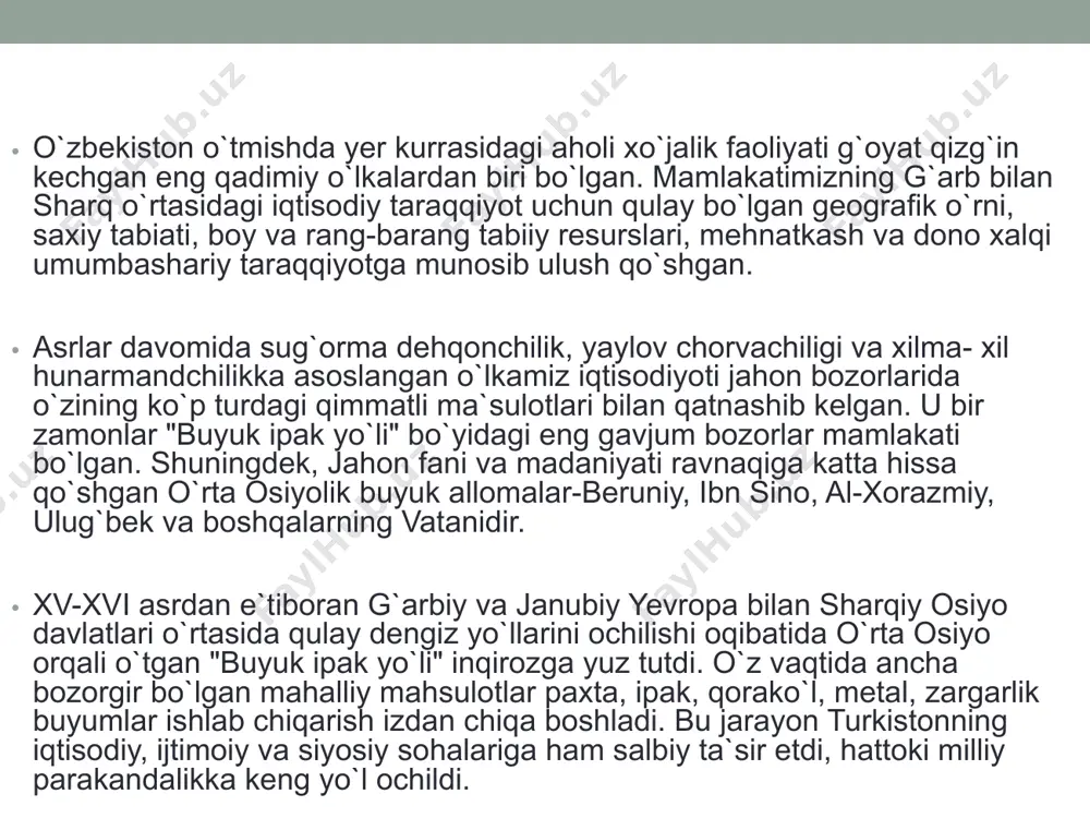 qa muddatlarda ishga tushirildi. jumladan, hozirda o`zbekiston og`ir sanoatining yetakchi korxonalaridan hisoblangan toshkent samolyotsozlik ishlab chiqarish birlashmasi, o`zbekiston qishloq xo`jalik mashinasozligi zavodi, chirchiq qishloq xo`jalik mashinasozligi zavodi, transformator zavodi shu yo`l bilan vujudga kelgan. shuningdek, urush davrida neft, mis, qo`rg`oshin, volfram, molibdenning yangi konlari o`zlashtirildi. ahgren ko`mir koni, 6 ta yangi elektr stansiyasi, bekobod metallurgiya zavodi ham ish boshladi. umuman ko`rilayotgan davrda jami 280 ta yangi sanoat korxonalari o`z faoliyatini boshladi. natijada o`zbekiston sanoatining tarkibi keskin o`zgardi, og`ir sanoatning salmog`i 1940-1943 yillar oralig`ida 14,3 foizdan 48,0 foizgacha o`sdi. ii jahon urushidan keyingi davrda o`zbekiston xalq xo`jaligini yangi davr talabi asosida qisqa muddat ichida sanoat tarmoqlarini qayta qurish, qishloq xo`jaligi ishlarini mexanizatsiyalash, kimyolashtirish, ekin maydonlarini kengaytirish keng ko`lamda olib borildi. respublikada paxta yakkahokimligi (monokulturasi) ga urushdan keyin yana e`tibor kuchaytirildi. 1948 yilda toshkent qishloq xo`jalik mashinasozligi zavodida paxta terish mashinalarining dastlabki turkumi chiqarildi. “toshavtomash” zavodida traktor va tirkagichlarni ishlab chiqarish yo`lga …