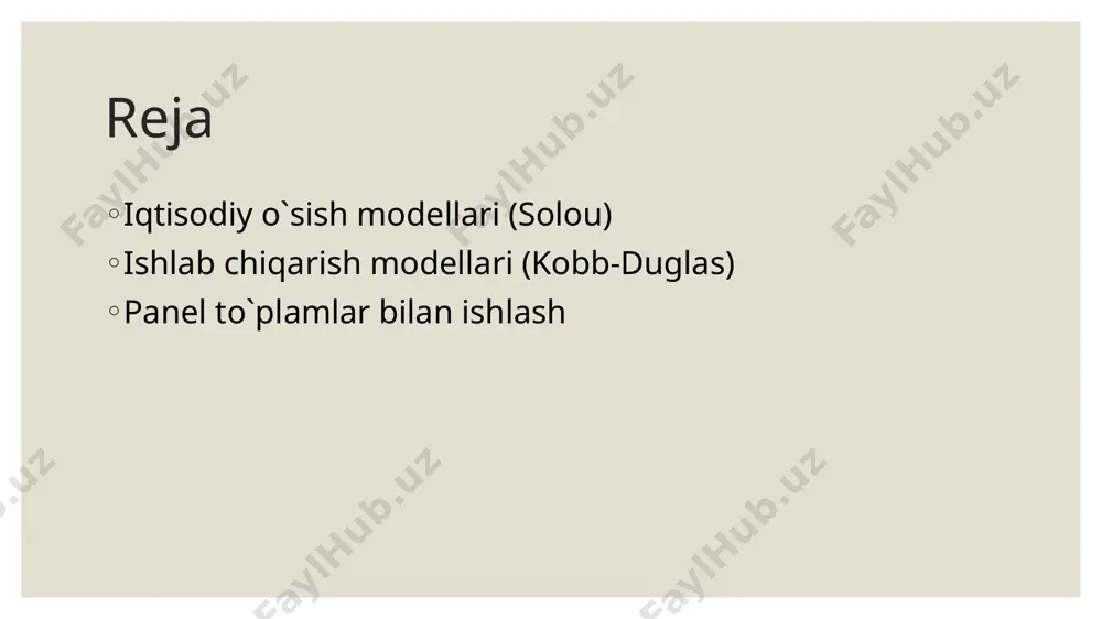 hni unutmang (.estimates store ___) panel to`plamlar bilan ishlash statsionar qator: o`rta arifmetigi qat’iy dispersiyasi qat’iy avtokorrelyatsiyasi qat’iy panel to`plamlar bilan ishlash dikey-fyuller testi: .xtunitroot fisher ____, dfuller lags(#) .xtunitroot fisher ____, pperron lags(#) image2.jpg image3.png image4.png /docprops/thumbnail.jpeg