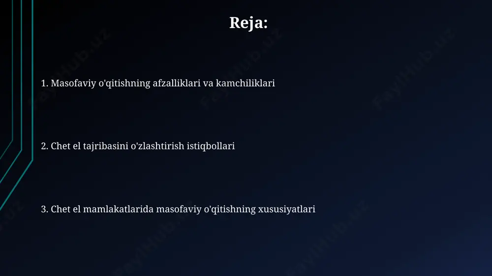 platformalar va texnologiyalarning rivojlanishiga turtki bo‘ldi. masofaviy o'qitish tizimlarining tahlili germaniyada 2020-yilgi pandemiya davrida 80% ga yaqin talabalar masofaviy o'qitishga o'tgan bo'lib, ularning 30% i texnik muammolarga duch kelgan va bu o'quv jarayonining sifatiga salbiy ta'sir ko'rsatgan. buyuk britaniyaning 5 ta yirik shaharlaridagi maktablarda o'tkazilgan so'rov natijalariga ko'ra, masofaviy o'qitishga o'tish o'quvchilarning ijtimoiylashuv darajasini 20% ga kamaytirgan va bu ularning psixologik holatiga ta'sir ko'rsatgan. e'tiboringiz uchun rahmat @taqdimot_robot image1.jpg image2.jpg image3.jpg image4.jpg image5.jpg