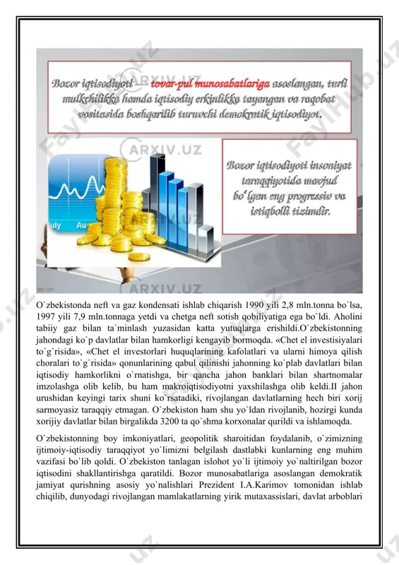 rning asosiy mazmuni quyidagilardan iborat: — iqtisod siyosatdan ustun turib mafkuraviy taziyqlarsiz, o`ziga xos ichki qonunlarga muvofiq rivojlanmog`i kerak: — davlat bosh islohotchi o`rnida bo’lib, u islohotlarning ustuvor yo`nalishlarini belgilab berishi va ularni izchillik bilan amalga oshirishi lozim: — bozor munosabatlariga o`tish qonun ustuvorligini talab qiladi. butun xalq tomonidan qabul qilingan konstitutsiya va qonunlarga amal qilinishi shart. — bozor munosabatlarni joriy etish bilan bir vaqtda aholini himoya qilishning kuchli ijtimoiy siyosatini o`tkazish: — ijtimoiy islohotlarning rivojlanib borishi va yo`nalishini belgilab beruvchi tamoyillardan biri bozor iqtisodiyotiga o`tish evolutsion yo`l bilan bosqichma-bosqich amalga oshirilishi zarur. yangi iqtisodiy munosabatlarga o`tish tamoyillari asosida g`oyat mas`uliyatli va murakkab vazifa-iqtisodiy islohotlar strategiyasi ishlab chiqildi. iqtisodiy strategiyaning boshlang`ich nuqtasi ijtimoiy-iqtisodiy o`zgarishlarning pirovard maqsadini belgilab olishdan iboratdir. bu vazifa markazlashtirilgan, ma`muriy buyruqbozlikka asoslangan iqtisodiyotdan bozor munosabatlariga, bir sifat holatidan ikkinchi sifat holatiga o`tishdan iboratdir. bozor islohotlarini amalga oshirish dasturiga qo`ra ustuvor vazifalar bosqichma-bosqich hal qilinadi. birinchi bosqichda totalitar …