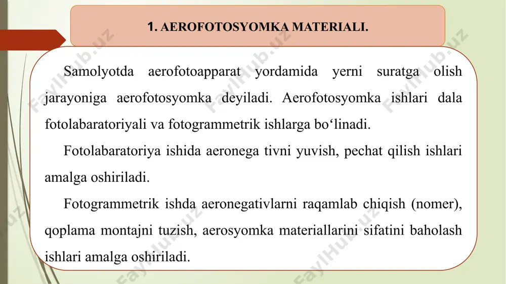 ish muhim ahamiyatga egadir. fanni oʻzlashtirishda darslik, oʻquv va uslubiy qoʻllanmalar, maʼruza matnlari, tarqatma materiallari, elektron materiallar, vertual stendlar hamda ishlab chiqarishdagi, yoʻriqnomalar, hujjatlar namunalaridan foydalaniladi. foydalanilgan adabiyotlar ro’yhati m.s. akbarov, d.k. muxitdinov “fotogrammetriya va suratlarni deshifirovkalash” toshkent-2008. 2. 1.н.д.ильинский, а.и.обиралов, а.а.фостиков «фотограмметрия дешифрирование снимков» м.недра 1986 3. internet ma’lumotlari: www.google.uz. e’tiboringiz uchun rahmat!!! image1.png image2.jpeg image3.jpeg image4.jpeg image5.jpeg image6.jpeg /docprops/thumbnail.jpeg