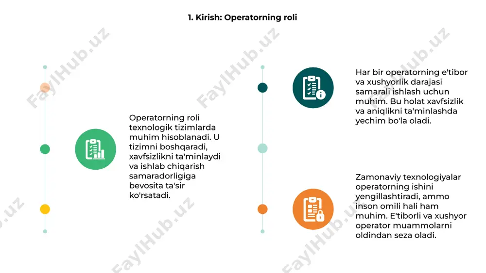 vvatli diqqatga ega bo‘lish uchun dam olish, toza havo va yengil sharoit zarur. optimal muhit operator ishini samarali qiladi va yuksaltiradi. 9. operatorlikda diqqatni boshqarish operatorlik jarayonida e'tibor markazlashuvi va xushyorlik muhim omillar hisoblanadi. diqqatni boshqarish operatorning samarali faoliyat yuritishini ta'minlaydi va xatoliklarni kamaytiradi. tez-tez yangilanadigan ma'lumotlarga nisbatan e'tiborning uzluksizligini saqlash operatorning ish unumdorligini oshiradi. bunda atrof-muhitni tahlil qilish qobiliyati ham kerak bo‘ladi. stressli vaziyatlarda diqqatni jamlab boshqarish operator xavfsizligi va tizim barqarorligini kafolatlaydi. treninglar bu ko‘nikmani rivojlantirishda muhim rol o‘ynaydi. 10. xavfsizlik va hushyorlik 01 02 03 operatorning ish samaradorligi va xavfsizligi uning e’tibor va xushyorlik darajasiga bog‘liq. yuqori hushyorlik operatorning tez va to‘g‘ri qaror qabul qilishini ta’minlaydi. e’tiborning susayishi jiddiy xatolarga olib kelishi mumkin. shuning uchun operator doimo hushyor bo‘lib, harakatlarini ehtiyotkorlik bilan kuzatishi muhimdir. tanaffuslar va yetarli dam olish operatorning xushyorligini oshiradi. ruhiy barqarorlik va sog‘lom uyqu ish unumdorligini barqaror ushlab turadi. 11. e'tibor buzilishining oqibatlari operatorning …