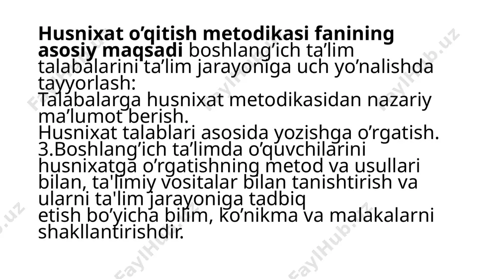 ndosh shakllandi. bu davrda yozish uchun maxsus chiziqli daftarlar ham ta’limda joriy etila boshlandi. husnixatga o'qitishdan asosiy maqsadi kichik yoshdagi o'quvchilarga yozishdek murakkab jarayonni o'rgatish orqali, ularning chiroyli yozuv malakalarini rivojlantirishdan iboratdir. o'quv fani sifatida husnixatning oldiga bir qator vazifalar qo’yiladi. bu vazifalar ko’p qirrali bo’lib o'quvchilarni aqliy rivojlantirishga, ularning atrof-muhit haqidagi bilimlarini kengaytirishga, axloqiy va estetik didlarini tarbiyalashga, ongli o'qish va yozish malakalarini hamda yozuv daftari bilan ishlash ko'nikmalarini shakllantirishdan iboratdir. 2.husnixaga o’rgatishning maqsad va vazifalari bu vazifalarning barchasi o'zaro bog'liq holda amalga oshiriladi. ularni hal qilish zaruriy yozuv malakalarini egallashga darslikda berilgan o'quvchilar saviyasiga mos nazariy va ama1iy materlal uyg'unlashtirilib, o'zlashtirish ustida ishlashni maqsadga muvofiq uyushtirish, shuningdek, matnlar sifatini, topshiriqlar xususiyatini va bolalar aqliy faoliyatining o'ziga xos tomonlarini belgilaydigan qator uslubiy shart-sharoitlarga bog'liq. bola kamolotining shakllanishi ko'p jihatdan chiroyli yozuvga bog'liq. chiroyli yozish orqali bolalar boshqa fanlarni muvaffaqiyatli o'zlashtirish imkoniga ega bo'ladilar. inson hayotida yozuv muhim o'rin tutadi, …