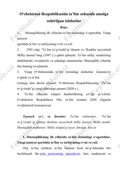 o‘zbekiston respublikasida ta’lim sohasida amalga oshirilgan islohotlar — DOC