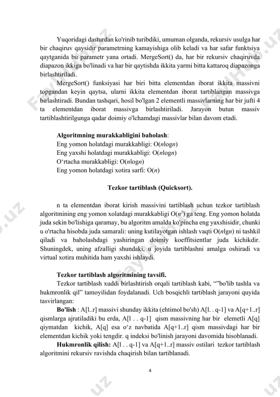 ni qismlarga ajratish. ko‘rib chiqilayotgan tartiblash algoritmining muhim qismi partition funksiyasi bo’lib, u a[l..r] massiv ostisi elementlarining tartibini qo‘shimcha xotirani jalb qilmasdan o‘zgartiradi. bo'lish algoritmi quyidagicha: dastlab, massiv ostisi oxirgi elementi a[r] tayanch element sifatida tanlanadi va u aniq to'g'ri o’ringa joylashtiriladigan element hisoblanadi. keyinchalik, u massivning chap uchidan tayanch element qiymatidan katta element topilgunga qadar qarab chiqiladi, so'ngra massivning o'ng uchidan tayanch element qiymatidan kichik element topilguncha qarab chiqadi. undan keyin to'xtashga olib kelgan shu ikkita element o’rinlari almashtiriladi, chunki ular tayanchga nisbatan o'z joylarida emas. jarayon chap tomonidagi barcha elementlar tayanchdan kichik yoki teng, o'ngdagilari esa tayanchdan katta bo'lguncha davom etadi. bo'linishni yakunlash: jarayonni yakunlash uchun a[r] elementi o'ng tomonning eng chap elementi bilan almashtirilishi kerak. ushbu algoritmni amalga oshirish dasturi: int partition(int [] a, int l, int r) { int i = l - 1, j = r, v = a[r]; int t; for (; ; ) …