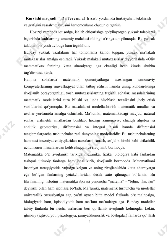 ijtimoiy fanlarida ham o‘z ifodasini topib, rivojlanmoqda. matematikani o‘rganishning bevosita amaliy tatbiqlaridan tashqari biz yosh avlodni har taraflama rivojlangan komil inson qilib tarbiyalashda uning alohida o‘ringa egaligini ta’kidlamasdan bo‘lmaydi. biz matematik analiz kursida bir o‘zgaruvchili funksiyalarni, 𝑅 𝑛 fazo va ularda aniqlangan funksiyalarni o‘rgandik, matematik analizning asosiy tushunchasi bo‘lgan funksiya tushunchasini kengaytirdik. hozirgi zamon muammolariga matematikaning tatbiqi funksiya tushunchasini yana ham kengaytirish zaruriyatini ko‘rsatmoqda. matematikaning biz o‘rganmoqchi bo‘lgan bo‘limi funksional analiz deb nomlanadi. funksional analiz chekli va cheksiz o‘lchamli fazolarni o‘rganadi. bu fazolarning elementlari funksiyalar, vektorlar, matritsalar, ketma-ketliklar, umuman olganda boshqa matematik ob’yektlardan iborat bo‘lishi mumkin. funksional analizda matematik analiz, funksiyalar nazariyasi va to‘plamlar nazariyasi, algebra va geometriya metodlari, g‘oyalari birlashib, uyg‘unlashib o‘rganiladi. bunda funksional bog‘lanishlar (funksiyalar) haqida eng to‘liq, chuqur tasavvur beriladi. faraz qilaylik, moddiy nuqta tekislikda biror egri chiziq bo‘yicha a nuqtadan b nuqtaga qadar harakatlanayotgan bo‘lsin (1-rasm). ravshanki, moddiy nuqtaning harakatlanish vaqti harakat sodir bo‘layotgan egri chiziq …