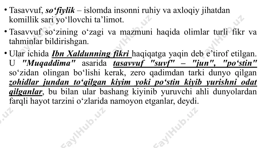 a shaharlariga ko‘p marotaba safar qilgan. qohiraning komiliya madrasasida qozi iyozning “shifo” kitobini, “risolai kushayriya”, “almuxarrar al vajiyz”ni talabalarga o‘qitgan. u kishi uzlatni va maxrumlik hayotini o‘ziga loyiq ko‘rmagan. odamlarga aralashib, dunyo ne’matlaridan bahramand bo‘lib yashagan. 3.qodiriya tariqati. bu tariqat o‘z muassisi abu muhammad muxyiddin abdul qodir jiyloniy rahmatullohi alayhining nomi bilan atalgan. abdul qodir jiylony rahmatullohi alayhi hijriy 470 sanada bag`dodda tavallud topib, hijriy 562 sanada o‘sha yerda vafot etgan. u kishi mashhur faqih bo‘lib, ham shofe’iy, ham hanbaliy mazhabi bilan fatvo berar edi. 4.mavlaviya tariqati. mavlono jaloliddin rumiy rahmatullohi alayhiga nisbat berilgan bu tariqat onado‘lida keng tarqalgan edi. mavlono jaloliddin rumiy rahmatullohi alayhi hijriy 604 sanada tavallud topgan. u kishining nasabi ota tomondan abu bakr siddiqqa, ona tarafdan movarounnahrda hukm surgan xorazmshohlar sulolasiga borib taqaladi. u kishi juda ko‘p safarlardan keyin sulton alouddin saljuqiyning poytaxti ko‘niya shahrida uzoq vaqt yashab, o‘sha yerda vafot etib dafn qilingan. 5.yassaviya tariqati …