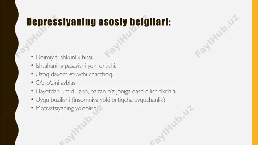 aytirishga ijobiy ta’sir qiladi. oilaviy va ijtimoiy qo‘llab-quvvatlash – bemorga yaqinlarining doimiy e’tibori va qo‘llab-quvvatlashi uning ruhiy holatini yaxshilaydi. saraton bemorining g‘azabini va agressiyasini tushunish, uni tanqid qilmasdan yoki rad etmasdan, aksincha, hissiy qo‘llab-quvvatlash orqali yondashish muhimdir. g‘azab – bu tabiiy reaksiya, lekin uni to‘g‘ri yo‘naltirish bemorning hayot sifatini yaxshilashga yordam beradi. saratonda ruhiy o‘zgarishlarning fiziologik sabablari: saraton kasalligi nafaqat psixologik, balki fiziologik jihatdan ham kayfiyatga ta’sir qiladi: neyrotransmitterlarning (serotonin, dopamin) kamayishi depressiyaga olib keladi. kimyoterapiya miyaga ta’sir qilib, kognitiv funksiyalarni zaiflashtirishi mumkin. o‘smalar markaziy asab tizimiga bosim o‘tkazishi natijasida ruhiy o‘zgarishlar paydo bo‘ladi. "saraton kasalligida ruhiy o‘zgarishlarning fiziologik sabablari" saraton bemorlariga psixologik yordam saraton bemorlariga quyidagi usullar yordam berishi mumkin: psixoterapiya – bemor va uning oilasi uchun maslahat seanslari dori vositalari – antidepressantlar va tinchlantiruvchi vositalar meditatsiya va yoga – ruhiy tinchlikni tiklash uchun oilaviy qo‘llab-quvvatlash – bemorning o‘zini yolg‘iz his qilmasligi muhim 1. psixoterapiya psixoterapiya saraton bilan kasallangan …