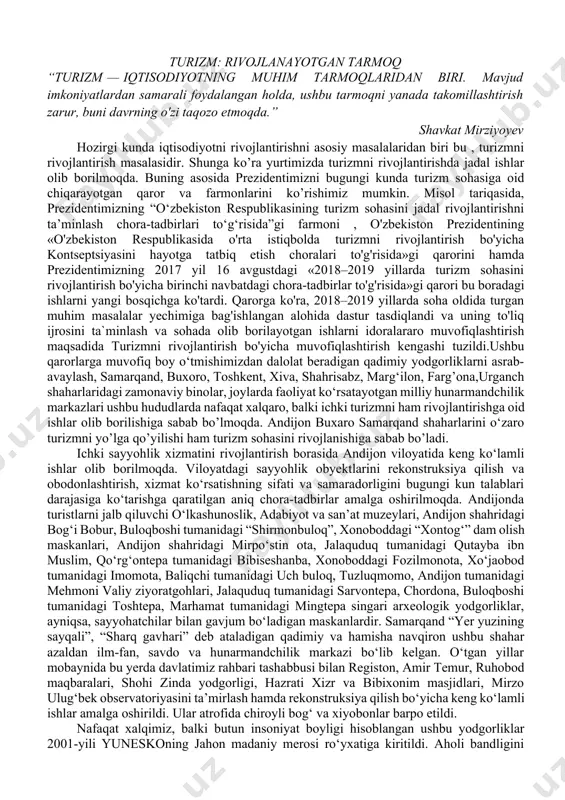 , 2019-yilda – 53,1 foizni, pandemiyaning o‘tkir davrida – 22,1 foizni, o‘tgan yili bandlik ko‘rsatkichi 36,3 foizni tashkil etgan. ta’kidlanishicha, 2019−2022-yillarda o‘zbekistonda bo‘lgan sayyohlar sonining tahlili sezilarli tiklanish dinamikasini ko‘rsatmoqda, garchi 2022-yilda bu ko‘rsatkich 15 foizga ortda qolayotgan bo‘lsa-da, xonalar soni 2019-yilga nisbatan 26 147 o‘rindan 33 411 tagacha, ya’ni 7264 ta mehmonxona xonasiga (21,7 foiz) oshgan. o‘zbekiston mehmonlari orasida mahalliy sayyohlar va mamlakat fuqarolaridan tashqari rossiyaliklar — 23,4 foiz, qozog‘istonliklar – 18,9 foiz, tojikistonliklar – 14,4 foiz, turkiyaliklar — 7,7 foizni tashkil etdi. mehmonxonalarda yashovchi barcha xorijliklar: qirg‘izistonliklar — 6,3 foiz, belarusliklar — 4,6 foiz, xitoyliklar — 3,2 foiz, fransiyaliklar — 1,7 foiz. 2019-yilning pandemiyadan oldingi davrida 84,8 ming nafar chet el fuqarosi yashagan bo‘lib, umumiy ulushda eng ko‘p rossiyaliklar — 16,8 foizni, qozog‘istonliklar — 15 foizni, tojikistonliklar — 6,3 foizni, xitoyliklar — 6,1 foizni, afg‘onistonliklar — 5,7 foiz, turkiyaliklar — 5,5 foizni tashkil etgan. “ayni paytda o‘zbekiston chet …