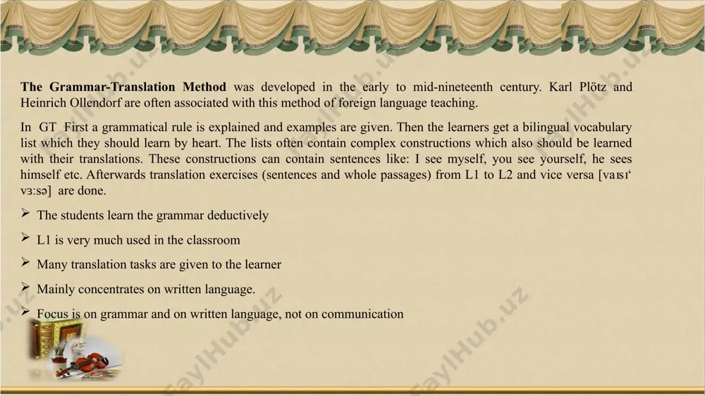 gn language, because they get ready-made chunks of language that represent grammatical rules and that are to be learned by heart. hence it is difficult for them to build sentences freely. besides that, too much attention is given to the written skills, in contrary to the spoken ones. direct method direct method, posited by charles berlitz. the basic tenet (rule) of berlitz's method was that second language learning is similar to first language learning. in this light, there should be lots of oral interaction, spontaneous use of the language, no translation, and little if any analysis of grammatical rules and syntactic structures. in short, the principles of the direct method were as follows: classroom instruction was conducted in the target language there was an inductive approach to grammar only everyday vocabulary was taught concrete vocabulary was taught through pictures and objects abstract vocabulary was taught by association of ideas the …