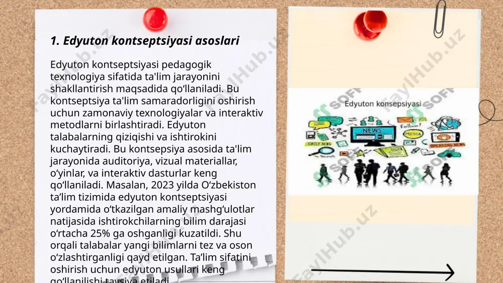 ulandi. darsliklar va materiallar elektron shaklga o‘tkazilib, 1,5 milliondan ortiq o‘quvchi onlayn platformalardan foydalana boshladi. 2021-yilda ziyonet platformasida 200 000 dan ziyod raqamli resurslar mavjud bo‘lib, o‘qituvchilarning 75% ulardan foydalanishni boshladi. raqamli ta'lim texnologiyalari dars jarayonini interaktiv holga keltirib, o‘quvchilarning bilim olish samaradorligini 30% ga oshiradi. ushbu vositalar orqali o‘quvchilar individual va guruh bo‘lib o‘rganish imkoniyatlariga ega bo‘lib, vaqtni samarali boshqarishlari osonlashdi. ... t.me/slaydai_bot 7. edyutonning kelajagi edyutonning kelajagi uzbek tilli ta'limda raqamli texnologiyalarni keng joriy etish bilan bog‘liq. 2021 yilgi ma'lumotlarga ko'ra, o‘zbekiston ta'lim tizimi raqamli transformatsiyani boshlagan, 80% maktablarda internetga kirish imkoniyati ta'minlangan. elektron dasturlar orqali o‘qituvchilarning malaka oshirish kurslari 30%ga oshgan. 2023 yilgacha barcha ta'lim muassasalarida elektron jurnal va kundaliklar to‘liq joriy etilishi rejalashtirilgan. elektron xizmatlar orqali o‘qitish qulayligi hamda samaradorligi 45%gacha oshishi kutilmoqda. 2025 yilga qadar edtech loyihalari o‘zbekistonda umumiy ta'lim byudjetining 10% ini tashkil etishi reja qilingan. ... t.me/slaydai_bot 8. eduyuton va audiovizual kontent: eduyuton …