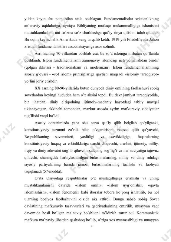 iyaviy huquq va erkinliklariga qarshi chiquvchi, urushni, ijtimoiy, milliy, irqiy va diniy adovatni targ’ib qiluvchi, xalqning sog’lig’i va ma`naviyatiga tajovuz qiluvchi, shuningdek harbiylashtirilgan birlashmalarning, milliy va diniy ruhdagi siyosiy partiyalarning hamda jamoat birlashmalarining tuzilishi va faoliyati taqiqlanadi (57-modda). o’rta osiyodagi respublikalar o’z mustaqilligiga erishishi va uning mustahkamlanishi davrida «islom omili», «islom uyg’onishi», «qayta islomlashish», «islom fenomeni» kabi iboralar tobora ko’proq ishlatilib, bu hol ularning beqiyos faollashuvini o’zida aks ettirdi. bunga sabab sobiq sovet davlatining mafkuraviy tasavvurlari va qadriyatlarining emirilib, muayyan vaqt davomida hosil bo’lgan ma`naviy bo’shliqni to’ldirish zarur edi. kommunistik mafkura ma`naviy jihatdan qashshoq bo’lib, o’ziga xos mutaassibligi va muayyan millatlar manfaatlariga qarshi qaratilganligi bilan sho’ro hokimiyatidan keyingi makonda diniy fundamentalizm uchun qulay sharoit tug’dirdi. sobiq ittifoqdagi hukmron partiyaning namoyandalari diniy jamoalarni xalqlarning aql idrokini egallash uchun kurashda o’zlarining raqibi deb hisoblashi dinning pinhoniyatga chekinishi va hatto uning muayyan ma`nodagi muxolif kuchga aylanishiga olib keldi. o’sha davrda dinning ta`qib ostida …