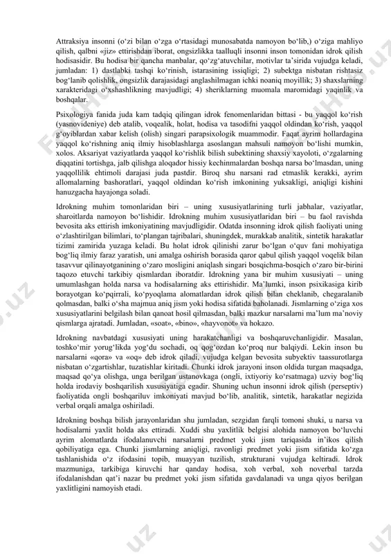 slangan holda idrok qilinsa, bunday toifadagi harakat nisbatan idrok qilish deb ataladi. agarda harakatlanayotgan jism hech qanday narsa bilan taqqoslanmasdan idrok qilinsa, bu ko‘rinishdagi harakat esa nisbat berilmasdan (nisbatsiz) idrok qilish deyiladi. fazoni idrok qilish - voqelikdagi narsa va hodisalarning fazoda egallagan o‘rnini, shaklini, miqdorini va bir-biriga nisbatan munosabatlarini aks ettiruvchi bilish jarayonning shaklidir. voqelikni idrok qilish orqali inson borliq to‘g‘risida, uning xususiyatlari, hajmi, masofasi (ich tomoni, chuqurligi) yuzasidan muayyan ma’lumotlar, xossalar, axborotlar to‘plash, ularni farqlash imkoniyatiga ega bo‘ladi. idrokning har uchala shaklining yordami bilan dunyoni bilish jarayoni amalga oshadi, verbal va noverbal holatlar bilan bevosita va bilvosita yo‘l yordamida muayyan obrazlar (timsollar, tavsiyalar, imidj) mujassamlashadi, natijada yaxlit in’ikos etish holati yuzaga keladi, bilishga oid aksariyat mahsullar to‘planadi. idrok jarayonida uning fenomenlari (yunoncha «phainomenon»-noyob, g‘ayriodatiy holat degan ma’no anglatadi) muayyan hodisalarni aks ettirishda ishtirok etadi, in’ikosning turlicha aniqlikda namoyon bo‘lishi mumkinligi to‘g‘risida ma’lumot beradi. ular jahon psixologiyasi fanida gallyutsinatsiya (lotincha …