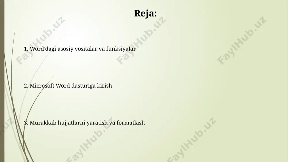 gini himoya qiladi. shriftlar va uslublarni formatlash word'ning "uslublar" oynasi yordamida 5 dan ortiq oldindan belgilangan uslublarni tezkor ravishda qo'llashingiz va o'zingizning noyob uslublaringizni yaratishingiz mumkin, bu esa hujjatlarni tez va samarali tartibga solishga yordam beradi. microsoft word’da 12 dan ortiq shriftlar mavjud bo'lib, ularning har biri o'ziga xos xususiyatlarga ega, masalan, times new roman kabi klassik shriftlar yoki arial kabi zamonaviy shriftlar, dunyo bo'ylab 200 dan ortiq mamlakatlarda qo'llaniladi. sarlavhalar va oyoq yozuvlar word 2019 va undan keyingi versiyalarida sarlavha va oyoq yozuvlarini turli xil shablonlardan tanlash va ularni o'zgartirish imkoniyati mavjud. masalan, 3 ta turli xil shablondan bittasini tanlab, kerakli o'zgarishlarni kiritish mumkin. microsoft word’da sarlavha va oyoq yozuvlari har bir sahifa uchun alohida sozlanishi mumkin, masalan, 1-5 sahifalar uchun bir xil, 6-10 sahifalar uchun boshqa sarlavha va oyoq yozuvlari qo'llanilishi mumkin. bu esa hujjat tuzilmasini aniqroq aks ettirish imkonini beradi. sahifalarni formatlash microsoft word’da sahifalarni formatlashda, masalan, …