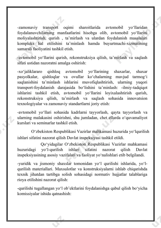stav kapitali: 102 354 ming so‘m, davlat ulushi 100%. chiqarilgan aksiyalari: 351 ming so‘m stir: 200306934 hisob raqami va xizmat ko‘rsatuvchi banki: atb xamkor bank gulsiton shahar filiali mfo 01118, x/r 20210000100203200001 korxona to‘g‘risida ma’lumot, korxona pasporti guliston tuman yo‘l xo‘jaligi pudrat ta’mirlash foydalanish korxonasi o‘zbekiston respublikasi prezidentining 2006 yil 14 noyabrdagi “o‘zavtoyo‘l” davlat aksiyadorlik kompaniyasi tashkliy tuzilmasini takomillashtirish chora tadbirlari to‘g‘risida”gi pq511-sonli qaroriga muvofiq “o‘zavtoyo‘l” dak ning tashkiliy tuzilmasidagi “sirdaryoavtoyo‘l” xududiy yo‘llardan foydalanish tashkiloti tarkibiga kiritilgan. o‘zbekiston respublikasi prezidentining 2017 yil 14 fevraldagi o‘zbekiston respublikasi avtomobil yo‘llari davlat qo‘mitasi o‘zbekiston respublikasi vazirlar maxkamasi xuzuridagi respublika yo‘l jamg‘armasi faoliyatlarini tashkil etish to‘g‘risidagi pq-2776-son qaroriga, o‘zbekiston respublikasi avtomobil yo‘llari davlat qo‘mitasining 2017 yil 29 martdagi №07 sonli buyrug‘i, sirdaryo viloyati avtomobil yo‘llari xududiy bosh boshqarmasining 2017 yil 12 apreldagi №2-i.ch buyrug‘iga asosan va guliston tuman xokimining 2017 yil 26 apreldagi № 1424 sonli qarori bilan guliston tumani yul xujaligi pudrat ta’mirlash …