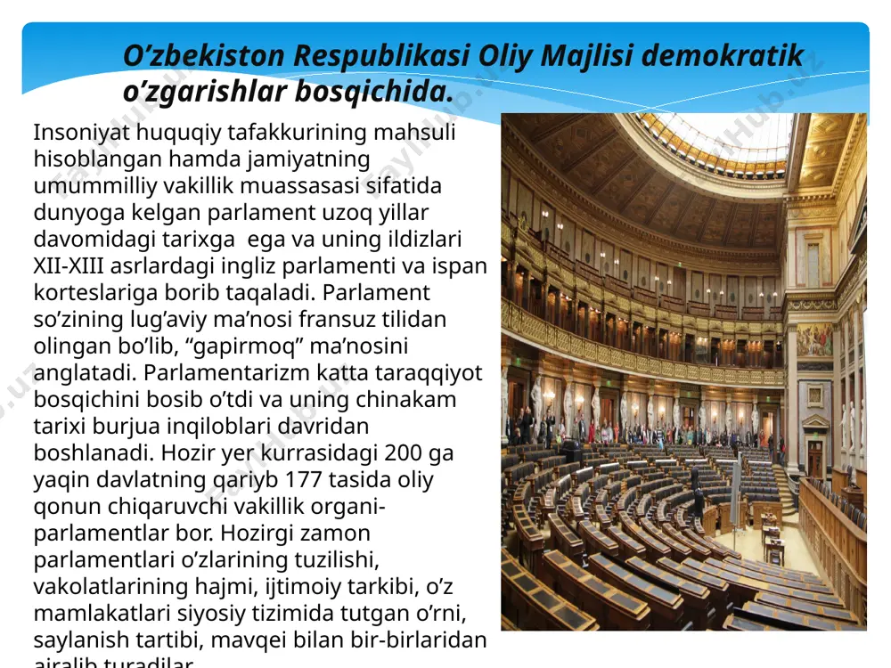 ini shakllantirish tartibi 2003-yil 29-avgustda yangi tahrirda qabul qilingan “o’zbekiston respublikasi oliy majlisiga saylov to’g’risida”gi qonun bilan tartibga solinadi. o’zbekiston respublikasi oliy majlisining senati hududiy vakillik palatasi bo’lib, senat a’zolaridan (senatorlardan) iborat. image2.jpg image3.jpeg image4.jpg image5.jpeg image6.jpg image7.png /docprops/thumbnail.jpeg