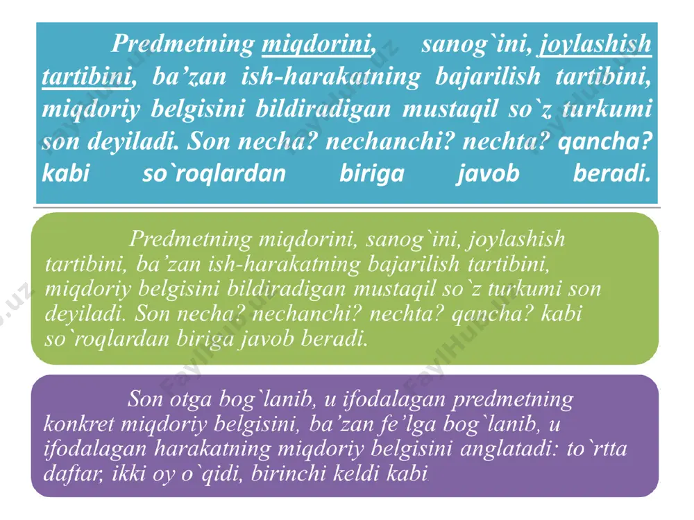 ini ifodalaydi: kemaga tushganning joni bir (maqol). odamning tili bilan dili bir bo`lsin. sonlarning otlashishi. son bog`lanib kelgan ot qo`llanmaganda, otga qo`shilib kelgan so`z o`zgartiruvchi affikslar, ya’ni egalik, kelishik hamda shakl yasovchi ko`plik affiksini olishi mumkin. bunday morfologik jihatdan o`zgargan son otlashgan son sanalib, gapda ot bajargan ega, to`ldiruvchi, qaratqich-aniqlovchi, kesim kabi sintaktik vazifalarni bajaradi: birov tosh, birov gul, o`z joyida ikkovi ham yaxshi (shukrullo). bilagi zo`r birni yiqar, bilimi zo`r mingni. (amir temur o`gitlari). o`nning yarmi besh. otlashgan son fikrni stilistik jihatdan ixcham obrazli ifodalashi uchun xizmat qiladi. (maqol, matal, aforizmlarda ko`p uchraydi) sonning hamma turlari ham morfologik jihatdan o`zgarmaydi (chama son – tacha, -lab, -lar kasr songa qo`shilmaydi). savol va topshiriqlar: 1.qanday so`zlarga son deyiladi? 2.sonning nomini bildiradigan sonlar qanday qo`shimchalarni olishi mumkin? 3.narsa-buyumlarning son-sanog’ini bildiradigan sonlarni so`zlarga bog’lab 5 ta misol keltiring. 4.sonlar qanday raqamlar bilan ifodalanadi? 5.nutqimizda tez-tez qo`llanadigan 23 ta sodda sonni birma-bir sanang mashq …