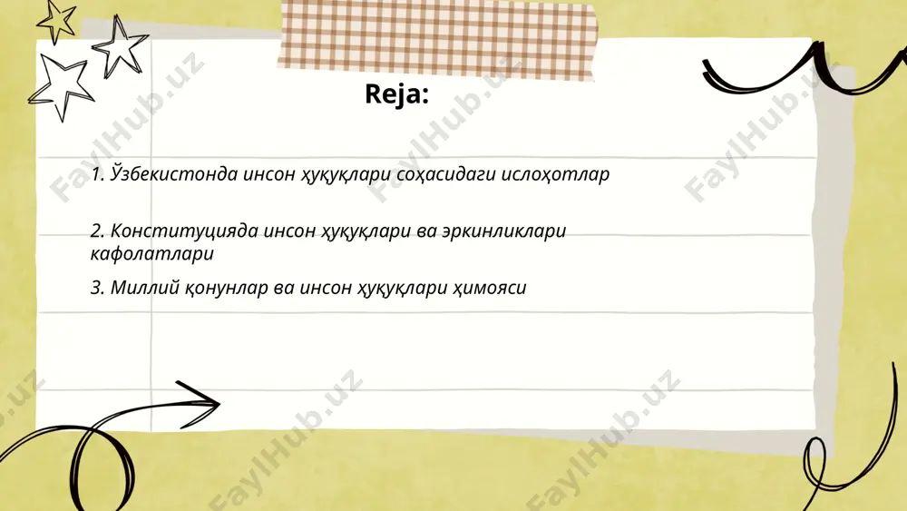 ik huquqi, 27-moddada esa shaxsiy hayotga aralashmaslik kafolatlanadi. ushbu moddalarning barchasi, inson huquqlari himoyasini ta’minlashga qaratilgan muhim asosdir. ... t.me/slaydai_bot миллий қонунлар ва инсон ҳуқуқлари ҳимояси мавзуида, ўзбекистон республикаси конституцияси инсон ҳуқуқларини ҳимоя қилишда асосий рол ўйнайди. 1992 йилда қабул қилинган конституция инсоннинг яшаш, эркинлик ва хавфсизлик каби асосий ҳуқуқларини кафолатлайди. 2008 йилда инсон ҳуқуқларини ҳимоя қилувчи омбудсман институти ташкил этилган. шунингдек, 2020 йилда "инсон ҳуқуқлари бўйича миллий стратегия" қабул қилинди, бу ҳуқуқий ислоҳотларни ва халқаро стандартларга мослашишни кўзлайди. 1995 йилдан бошлаб, ўзбекистон инсон ҳуқуқлари соҳасида бмт билан фаол ҳамкорлик қилиб келмоқда. ... t.me/slaydai_bot 4. ўзбекистонда инсон ҳуқуқлари бўйича миллий муассасалар ўзбекистонда инсон ҳуқуқлари бўйича миллий муассасаларнинг фаолияти қонунчилик, ҳуқуқий тартибот ва инсон эркинликларини ҳимоя қилишга қаратилган. 1996 йилда инсон ҳуқуқлари бўйича ўзбекистон республикаси миллий маркази ташкил этилди. бу марказ инсон ҳуқуқлари соҳасидаги миллий қонунчиликни такомиллаштириш, ҳуқуқбузарликларни таҳлил қилиш ва инсон ҳуқуқлари бўйича таълимни ривожлантириш билан шуғулланади. 2008 йили ўзбекистон …