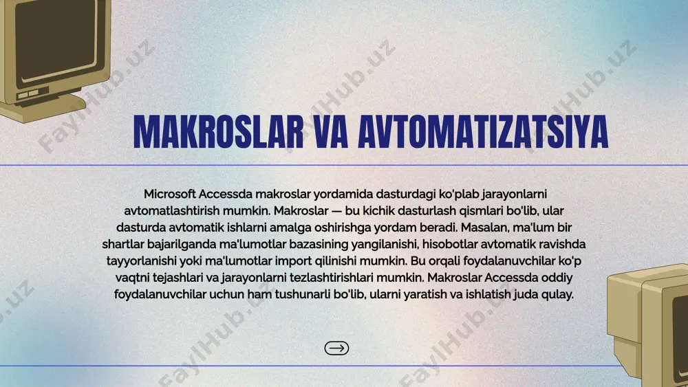 ulay va intuitiv sahifalar yaratishlari mumkin. masalan, mijozlar ro'yxatini kiritish yoki buyurtmalarni qo'shish uchun maxsus shakllar (forms) yaratish mumkin. bu shakllar ma'lumotlarni to'liq boshqarishga, yanada professional va tezkor ishlashga imkon beradi. formalar, shuningdek, foydalanuvchilarga qo'llanmalar yaratish va ma'lumotlarni osongina yangilash imkoniyatini ham taqdim etadi. foydalanuvchi interfeysi (forms) kengaytmalar va integratsiya accessda boshqa microsoft office dasturlari bilan integratsiya qilish imkoniyati mavjud. masalan, access ma'lumotlar bazasidan ma'lumotlarni excelga eksport qilish, wordda hujjatlarni yaratish yoki outlook bilan ma'lumotlarni ulashish mumkin. shu tarzda, access boshqa dasturlar bilan birgalikda ishlash imkonini beradi. bundan tashqari, accessda turli kengaytmalar va qo'shimchalar (plugins) orqali tizimni yanada kengaytirish va qo'shimcha funksiyalarni qo'shish mumkin. microsoft accessning menyu tarkibi microsoft accessning menyu tarkibi dasturdagi asosiy funktsiyalarni va imkoniyatlarni tizimli ravishda taqdim etadi. accessning menyu tarkibi foydalanuvchining ma'lumotlar bazasini yaratish, boshqarish va tahlil qilishda ishlatishi uchun kerakli barcha vositalarni o'z ichiga oladi. file "fayl" menyusi access dasturining asosiy boshqaruv qismini tashkil etadi. …