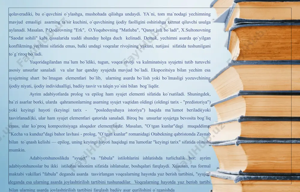 x - "posleduyuhaya istoriya") haqida ma`lumot beriladi(yoki tasvirlanadi)ki, ular ham syujet elementlari qatorida sanaladi. biroq bu unsurlar syujetga bevosita bog`liq emas, ular ko`proq kompozitsiyaga aloqador elementlardir. masalan, "o`tgan kunlar"dagi muqaddima, "kecha va kunduz"dagi bahor lavhasi - prolog, "o`tgan kunlar" romanidagi otabekning qabristonda zaynab bilan to`qnash kelishi — epilog, uning keyingi hayoti haqidagi ma`lumotlar "keyingi tarix" sifatida olinishi mumkin. adabiyotshunoslikda "syujet" va "fabula" istilohlarini ishlatishda turlichalik bor: ayrim adabiyotshunoslar bu ikki istilohni sinonim sifatida ishlatsalar, boshqalari farqlaydi. xususan, rus formal maktabi vakillari "fabula" deganda asarda tasvirlangan voqealarning hayotda yuz berish tartibini, "syujet" deganda esa ularning asarda joylashtirilish tartibini tushunadilar. voqealarning hayotda yuz berish tartibi bilan ularning asarda joylashtirilish tartibini farqlash badiiy asar qurilishini o`rganishda konflikt haqida tushunchalar konflikt (lot. contlictue — ixtilof, toʻqnashish) — 1) qarshi tomonlar, fikrlar, kuchlar toʻqnashuvi; 2) adabiyot va sanʼatda — badiiy asar mohiyatida yotgan ziddiyat, personajlarning oʻzaro toʻqnashishi, ixtilofi. konflikt epik asarlarga nisbatan qoʻllanadi, lirik asarlarda …