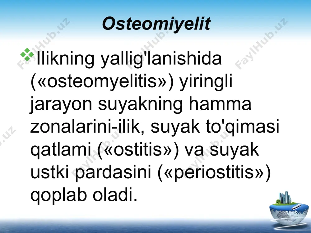 ydo bo'lganini kuzatish mumkin. kasallikning dastlabki ikki haftasida rentgenda tekshirib ko'rilganda suyaklardagi o'zgarishlar odatda aniqlanmaydi. kasallikning uchinchi haftasidan boshlab, ular suyak usti (periostal) yo'g'onlashuvi, kortikal qatlamningo'roqsimon qatlami, yallig'lanish o'chog'idagi konturlarning kertikligi tarzida aniqlanadi. suyakning g'ovakli (osteporoz) yallig'lanishi deb ataluvchi manzara yuz beradi. ko'pincha osteomiyelitni uzun naysimon (son, yelka, katta boldir suyagi) suyaklarda (85 foiz), kamroq yassi suyaklarda (10 foiz), yana ham kamroq suyaklarda (5 foiz) kuzatiladi; jarayon yassi suyaklar orasida ko'proq chanoq suyagini shikastlantiradi. osteomiyelitning diafizar formasi epifizar formasiga qaraganda uch barobar ko'p uchraydi. kamdan-kam hollarda gematogen osteomiyelitning yashin tezligidagi formalari kuzatiladi. ular intoksikatsiya va sepsis tufayli kattalashadi, bemor sarg'ayadi, qonda leykotsitoz ortadi. echt keskin yuqorilashadi. bemorda kasallikning mahalliy belgilari bilinmay turib, bir necha kun ichida vafot etishi mumkin. yashin tezligidagi osteomiyelitga ko'pincha turli suyaklarda ko'pdan-ko'p infeksiya o'choqlarining mavjud bo'lishi xosdir. asoratlari o'tkir gematogen osteomiyelit turli asoratlami - umumiy yiringli infeksiya, kamqonlik va ichki a'zolarning amiloid buzilishini (degeneratsiyasini) keltirib chiqarishi …