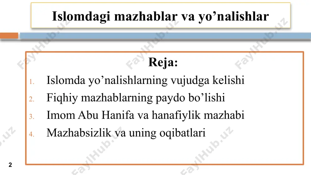 .ali zayn al-abidin ibn al-husayn (as-sajjod); 5.muhammad al-boqir ibn ali zayn al-abidin (al-boqir); 6.ja’far as-sodiq ibn muhammad al-boqir (as-sodiq); 7.muso al-kozim ibn ja’far as-sodiq (al-kozim); 8.ali ar-rido ibn muso al-kozim (ar-rido); 9.muhammad al-javod ibn ali ar-rido (at-taqiy); 10.ali al-hodi muhammad al-javod (an-naqiy); 11.al-hasan al-askariy ibn ali al-xodi (az-zakiy); 12.muhammad al-mahdiy ibn al-hasan al-askariy (al-hujjatul qoimul muntazir). 7 hanafiya asoschisi –al-imom al-a’zam abu hanifa an-nu’mon ibn sobit al-kufiy (80-150/699-767) forslardan bo‘lib, umaviylar (661-750) va abbosiylar (750-1258) davlati ayni avj olgan davrda yashagan tobiinlardan. abu hanifa sakson uch mingdan ortiq masalaga javob bergan bilimdon olim edi. abu hanifa qiyos va istehsoni (chiqarilgan xulosadan musulmonlar uchun foydaliroq tomonini olish tamoyili) ko'p qo'llagan. hatto zaif hadisni qiyosdan oldin qo'ygan. geografiyasi: usmoniylar imperiyasi, misr, suriya, livan, iroq, iordaniya, falastinda rasmiy mazhab, bolqon, kavkaz, afg'oniston, pokiston, hindiston, markaziy osiyo respublikalari va xitoy. 8 molikiya asoschisi imom molik ibn anas abu abdulloh (713-795). u «madina imomi» unvoniga …