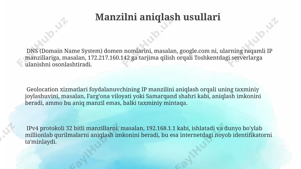 uchun ssl/tls protokoli yordamida shifrlashni amalga oshiradi, bu esa aqsh kabi mamlakatlarda ko'p ishlatiladigan xavfsizlik standartlariga mos keladi. port raqamlari, 0 dan 65535 gacha bo'lgan sonlar diapazonida bo'lib, har bir raqam tarmoqdagi xizmatlarni aniqlaydi, masalan, 80 raqami www xizmati, 21 raqami ftp xizmati uchun ishlatiladi va dunyoning istalgan burchagidagi serverlar bilan aloqani ta'minlaydi. domen nomlari tizimi (dns) domen nomlarini ip-manzillarga tarjima qilish jarayoni odatda 300 millisekunddan kam vaqtni oladi, bu esa foydalanuvchilar uchun sezilmaydigan darajada tezdir. dnssec (domain name system security extensions) kabi xavfsizlik protokollari, saytlarning haqiqiyligiga ishonch hosil qilish va firibgarliklardan himoya qilish uchun raqamli imzolarni qo'llaydi. dns serverlari, masalan, google yoki cloudflare kabi yirik kompaniyalar tomonidan boshqariladi va dunyo bo'ylab 13 ta ildiz nom serverlari orqali ma'lumotlarni taqsimlaydi. e'tiboringiz uchun rahmat @taqdimot_robot image1.png